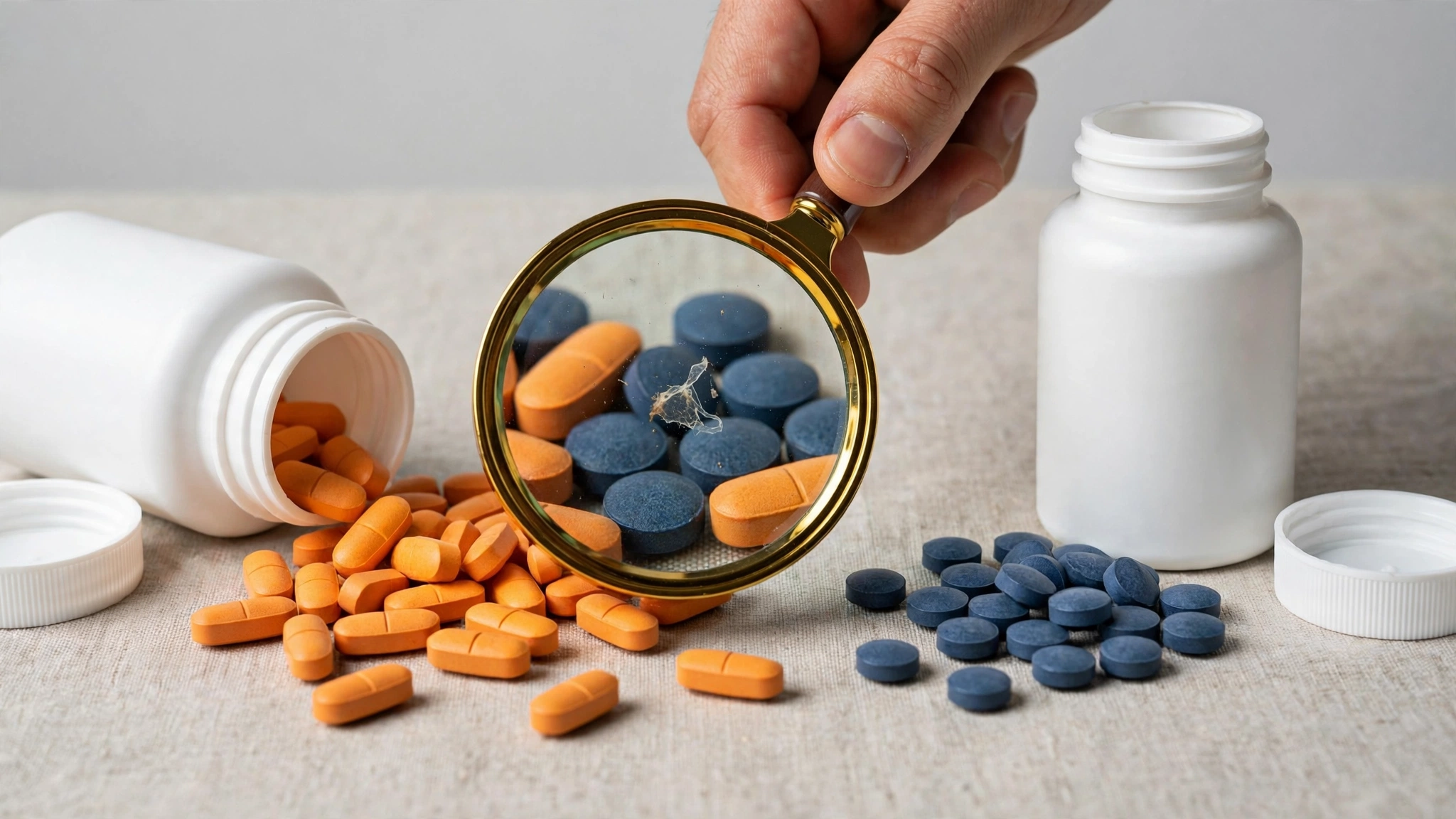 Magnifying glass revealing suspicious tablets spilled from day and night supplement bottles