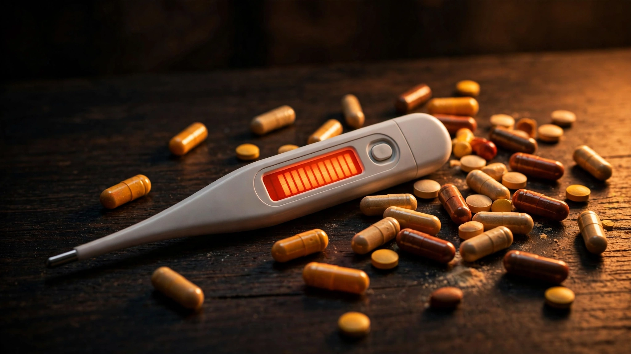 Medical thermometer with a very high fever reading beside scattered supplement pills