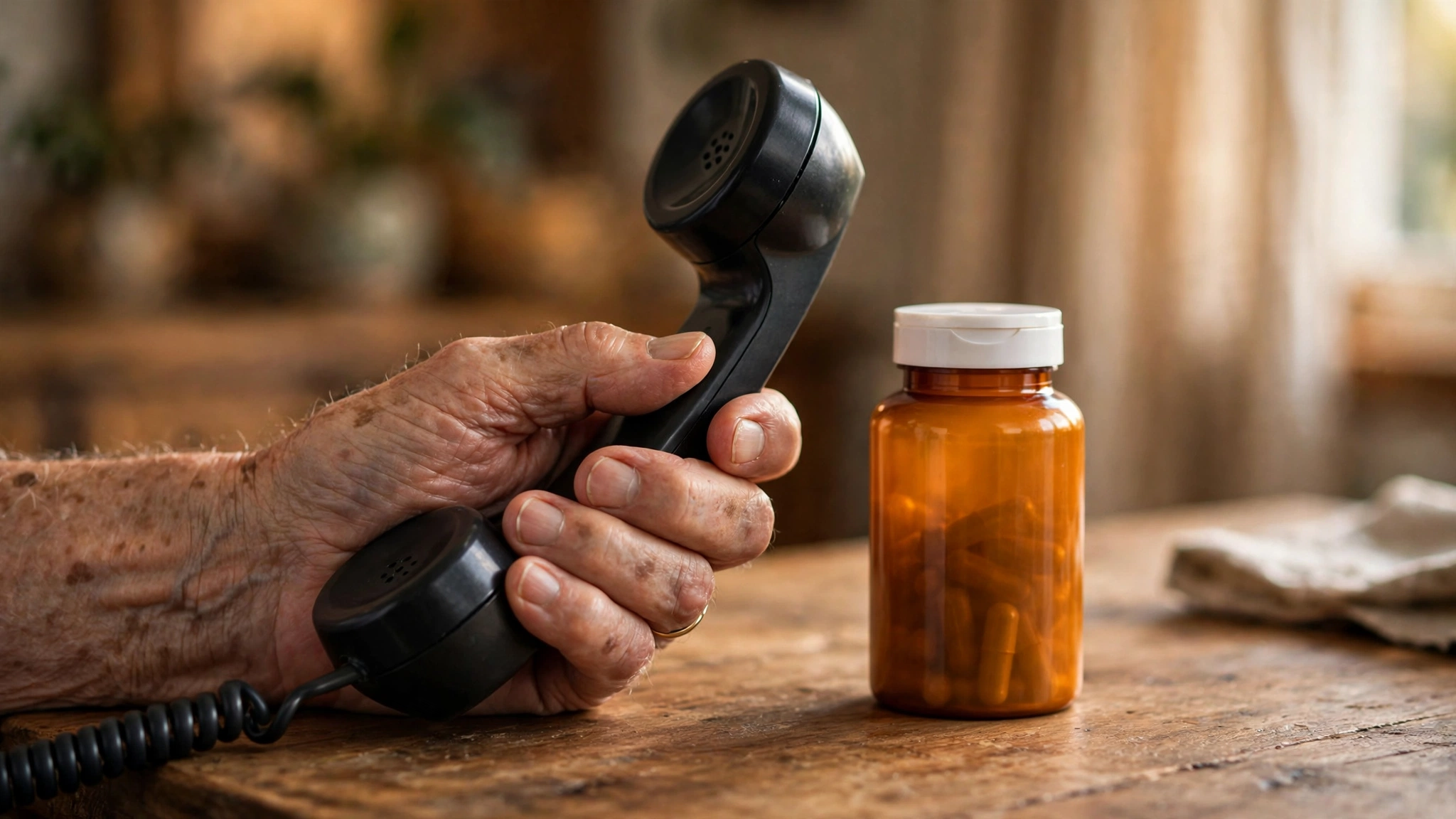 Elderly person holding a telephone beside a supplement bottle, calling for medical help