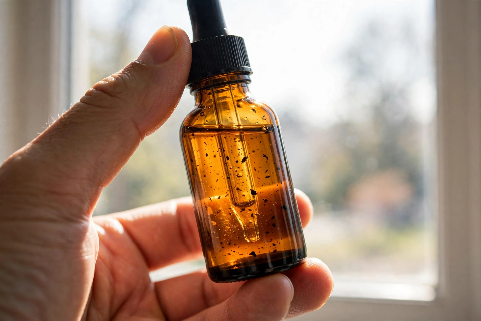 Amber liquid supplement bottle held up to light with tiny dark particles visible in the liquid