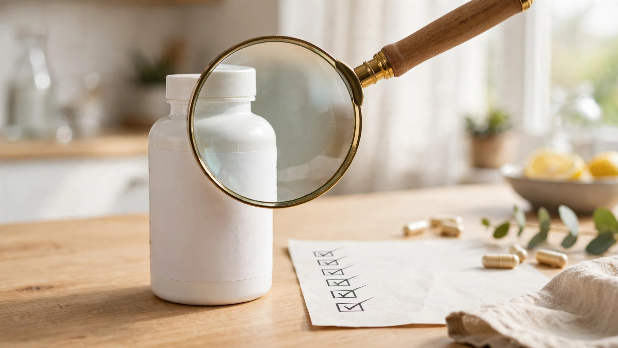 Magnifying glass examining a supplement bottle label beside a checklist