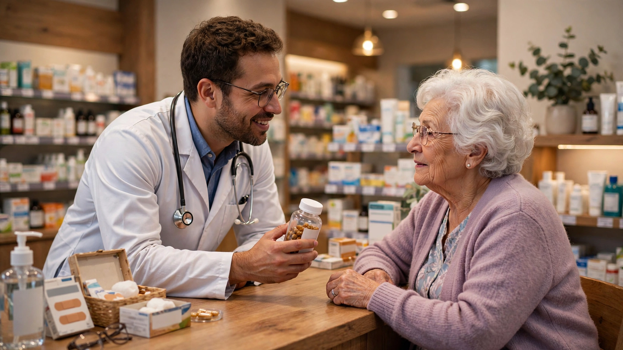 Pharmacist counseling an older woman about a vitamin bottle at a pharmacy counter