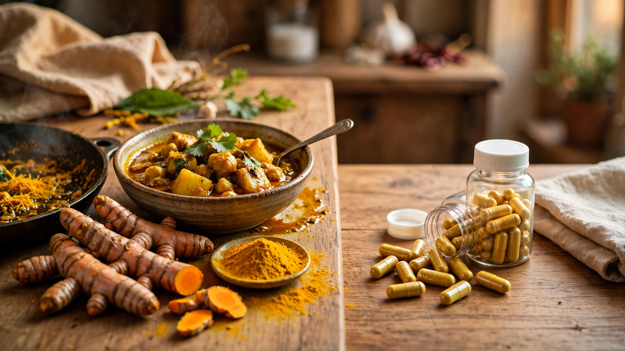 Cooking turmeric with roots, powder, and curry on one side of a table and a bottle of supplement capsules on the other