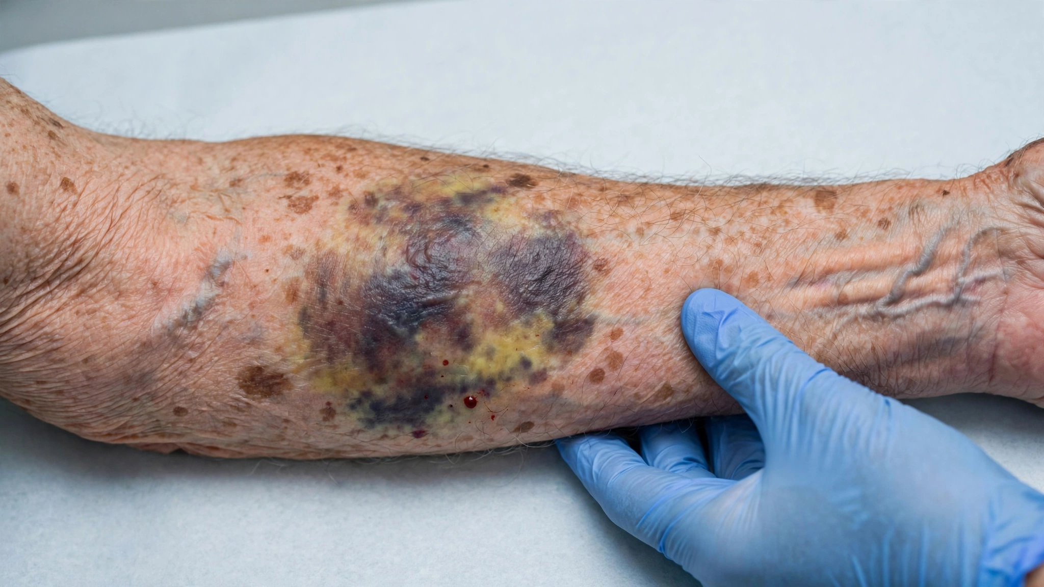 Elderly person's forearm with a large bruise examined under bright clinical light