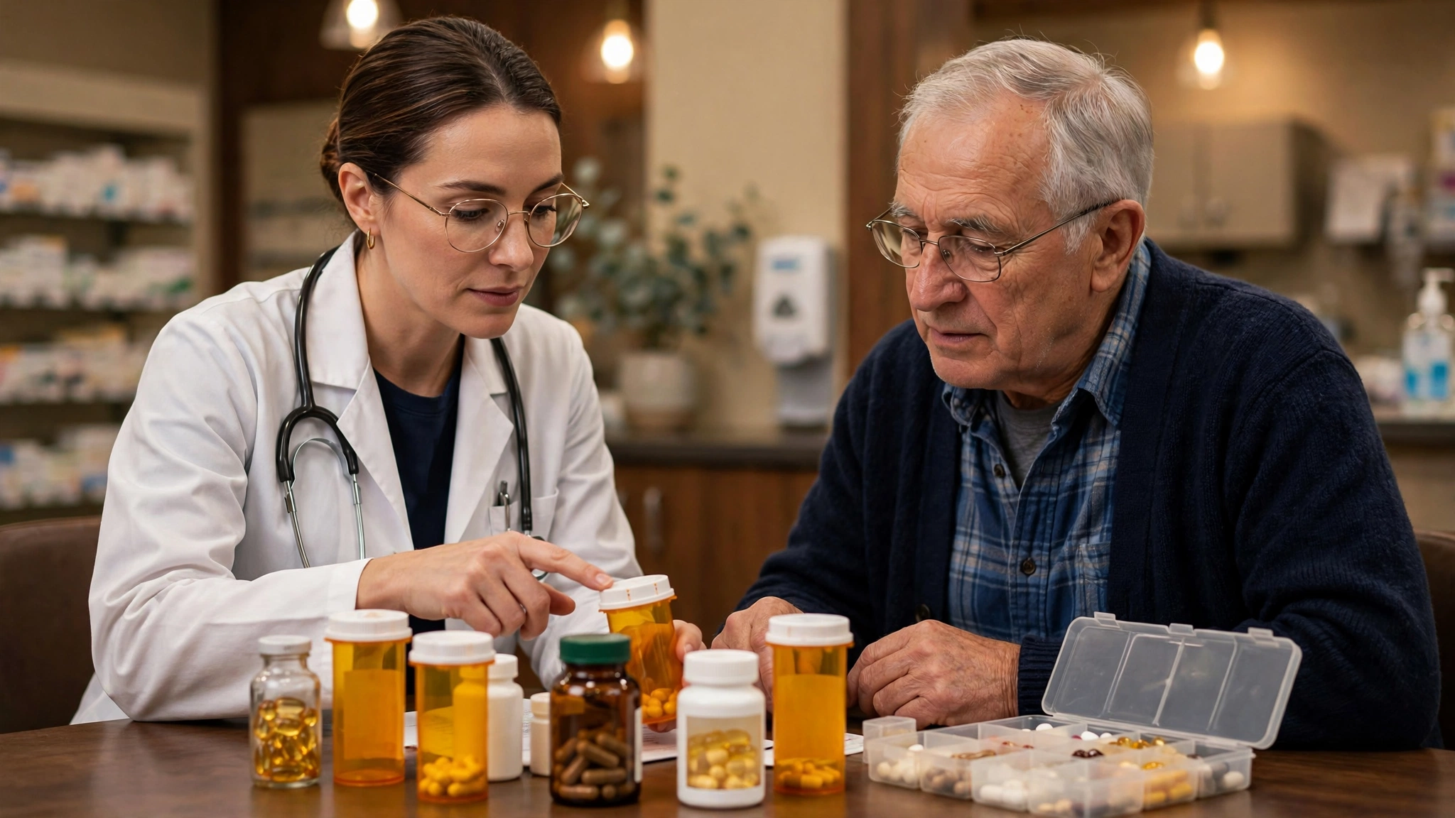 Pharmacist reviewing prescription and supplement bottles with an older patient at a pharmacy counter