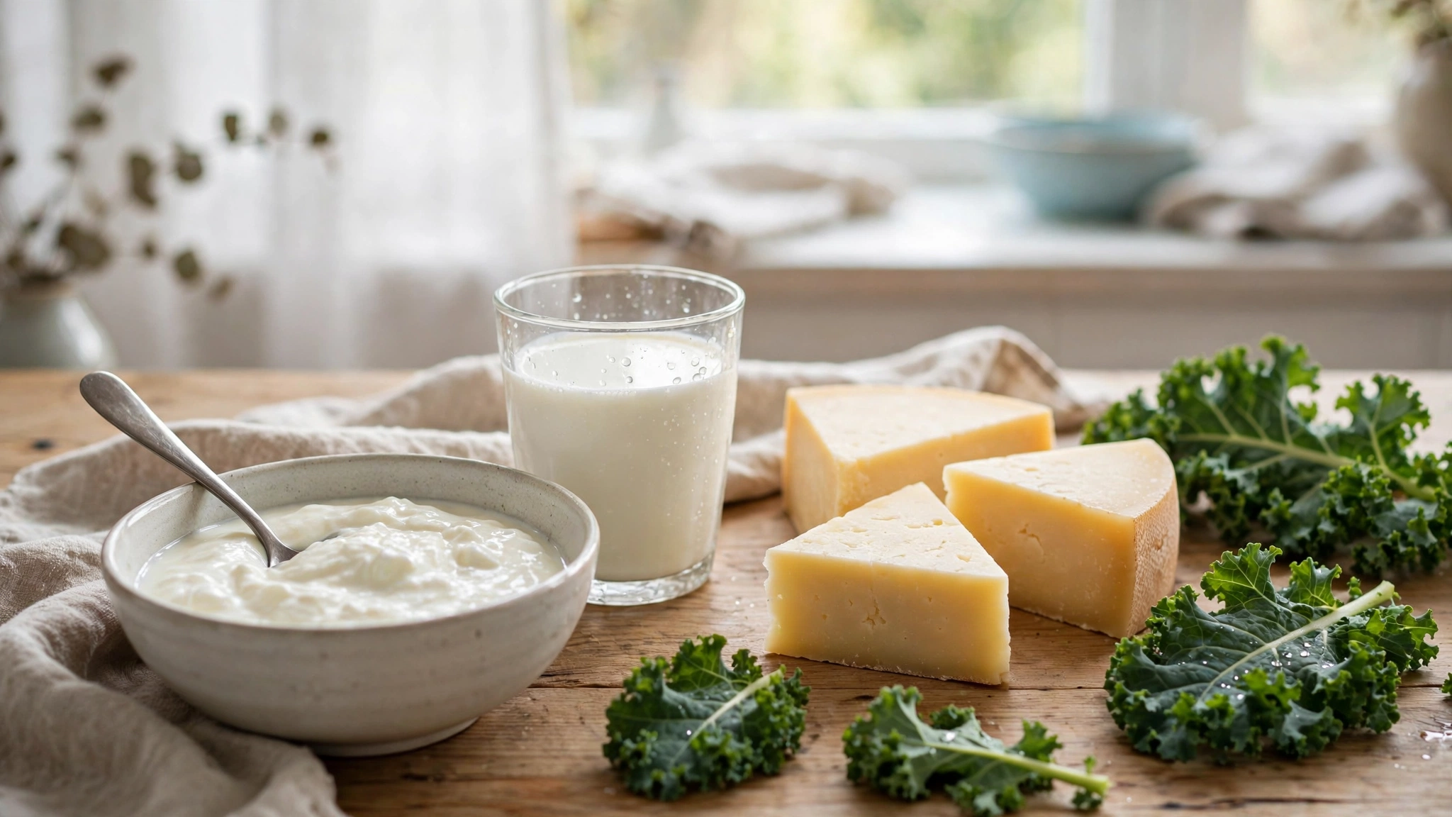 Calcium-rich foods on a kitchen table: yogurt, milk, cheese, and kale