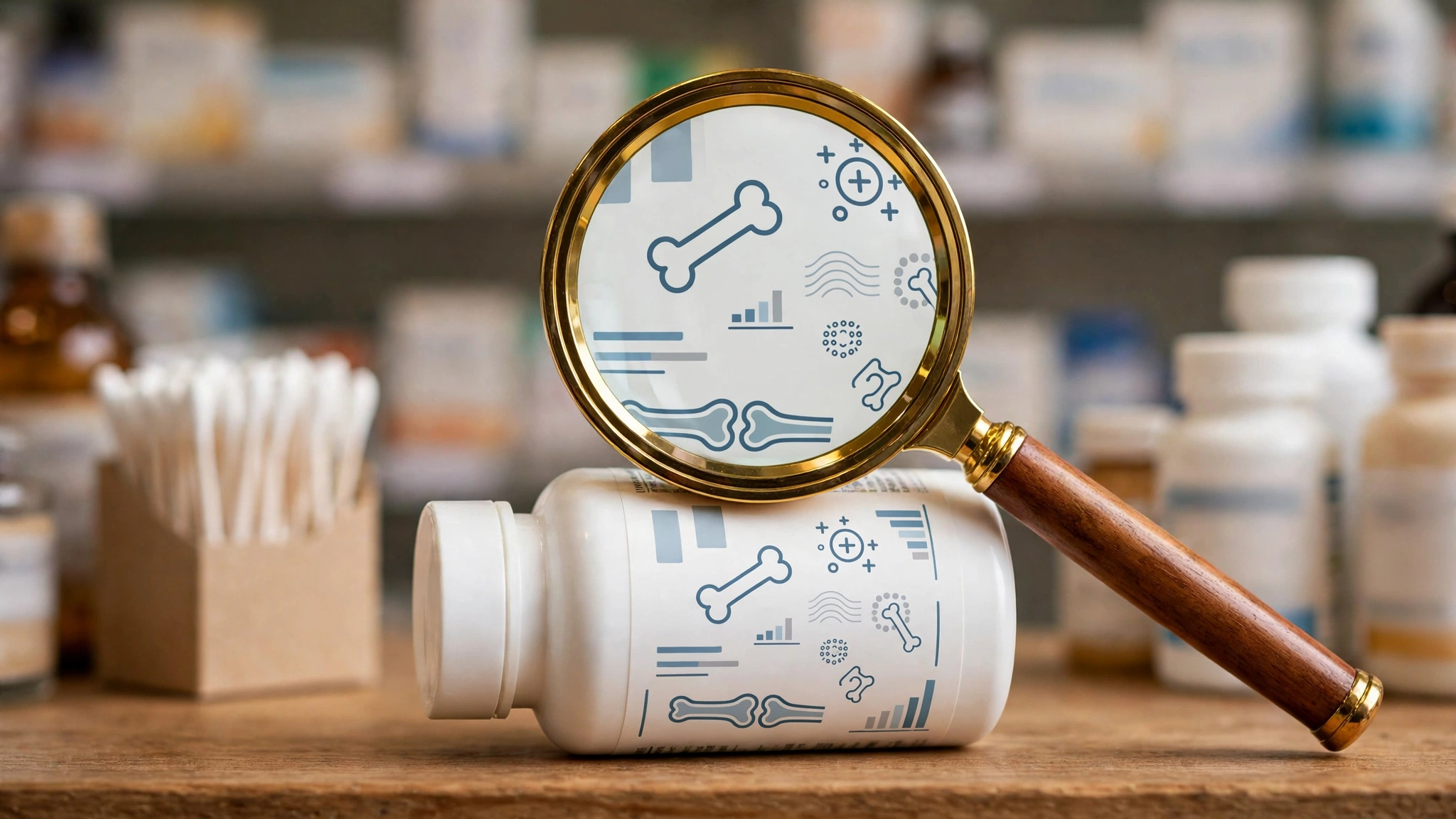 Magnifying glass over a calcium supplement bottle's nutrition label