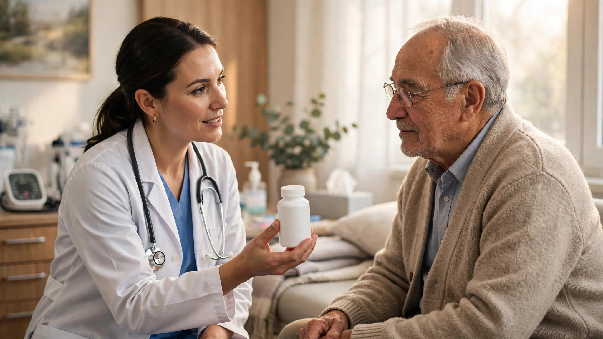 Doctor discussing a calcium supplement bottle with an older patient in a medical office