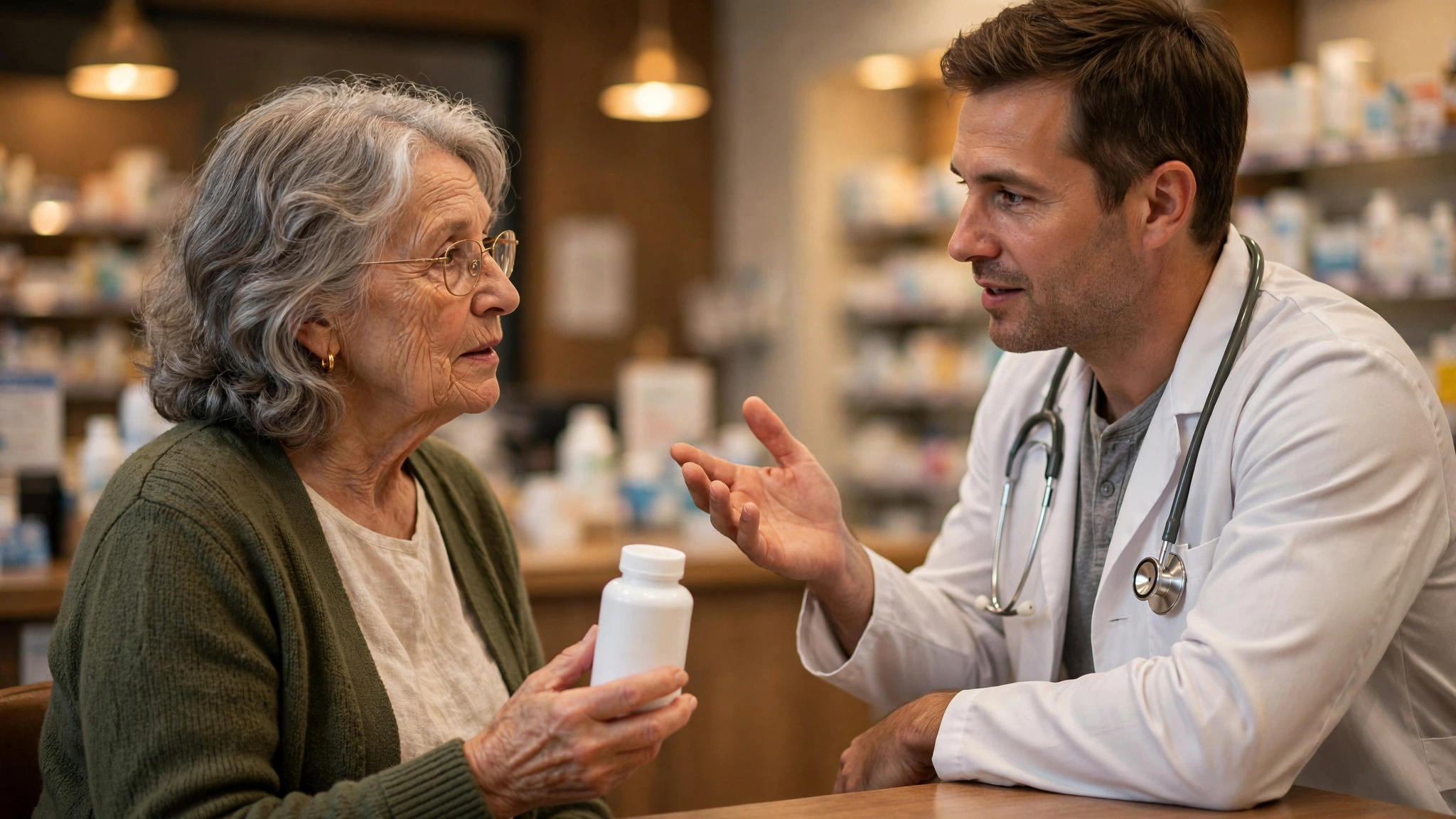 An older adult woman consulting a pharmacist about a supplement bottle