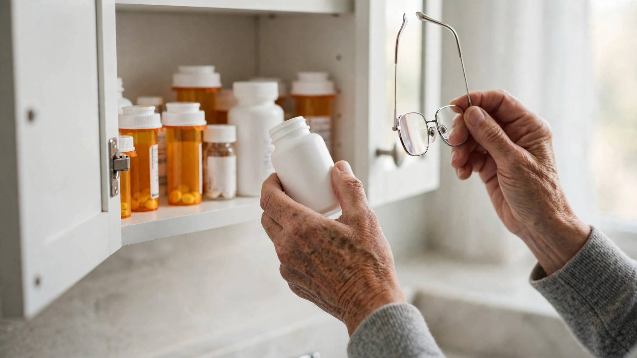 An older adult checking a white supplement bottle in a medicine cabinet for the Beauty 911 name