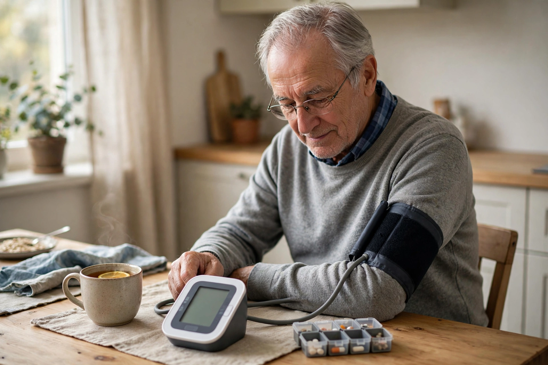 A senior man checking his blood pressure at home with a digital monitor