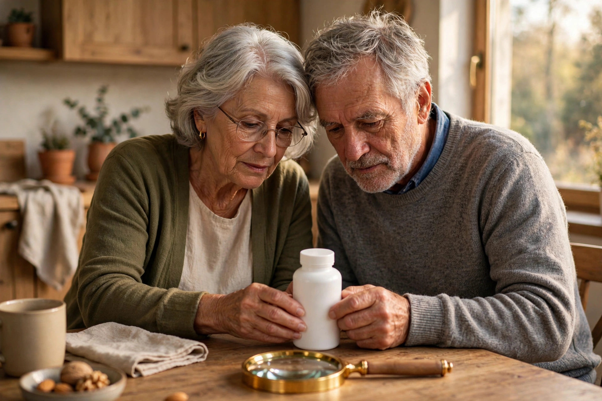 An older couple reading the back label of a supplement bottle at a kitchen table