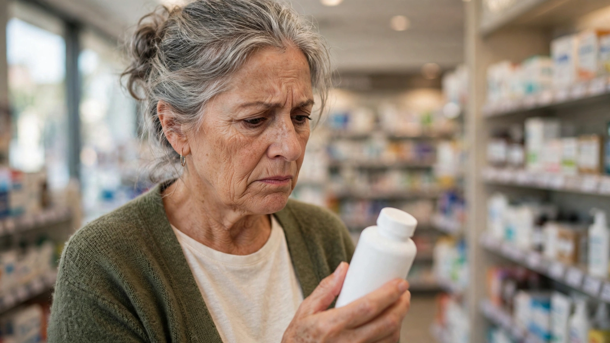 An older woman looking skeptically at a weight-loss supplement bottle in a pharmacy aisle