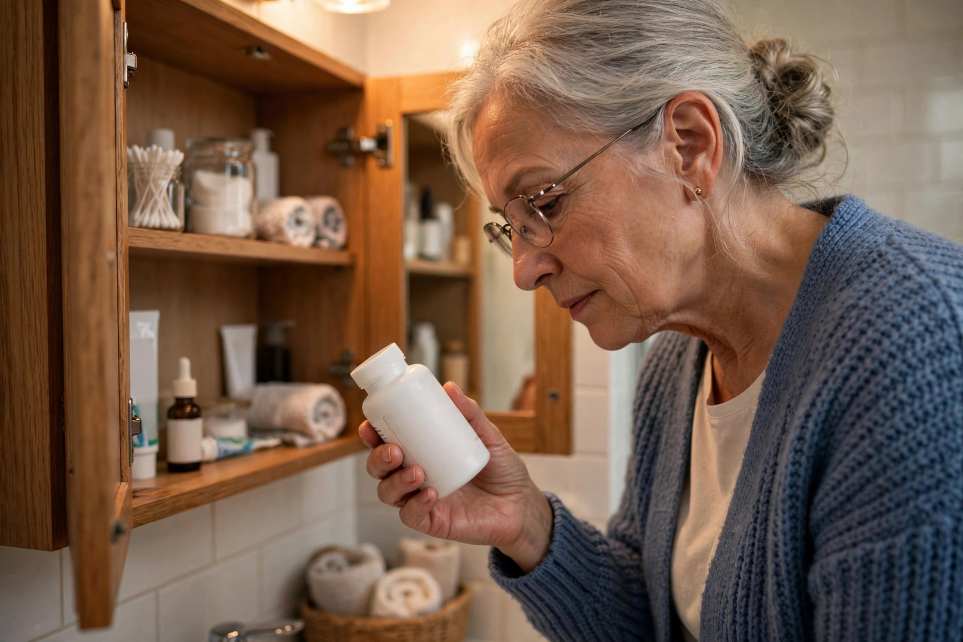 A senior woman checking a white supplement bottle in her bathroom medicine cabinet for the LUZE Fit Intensity name