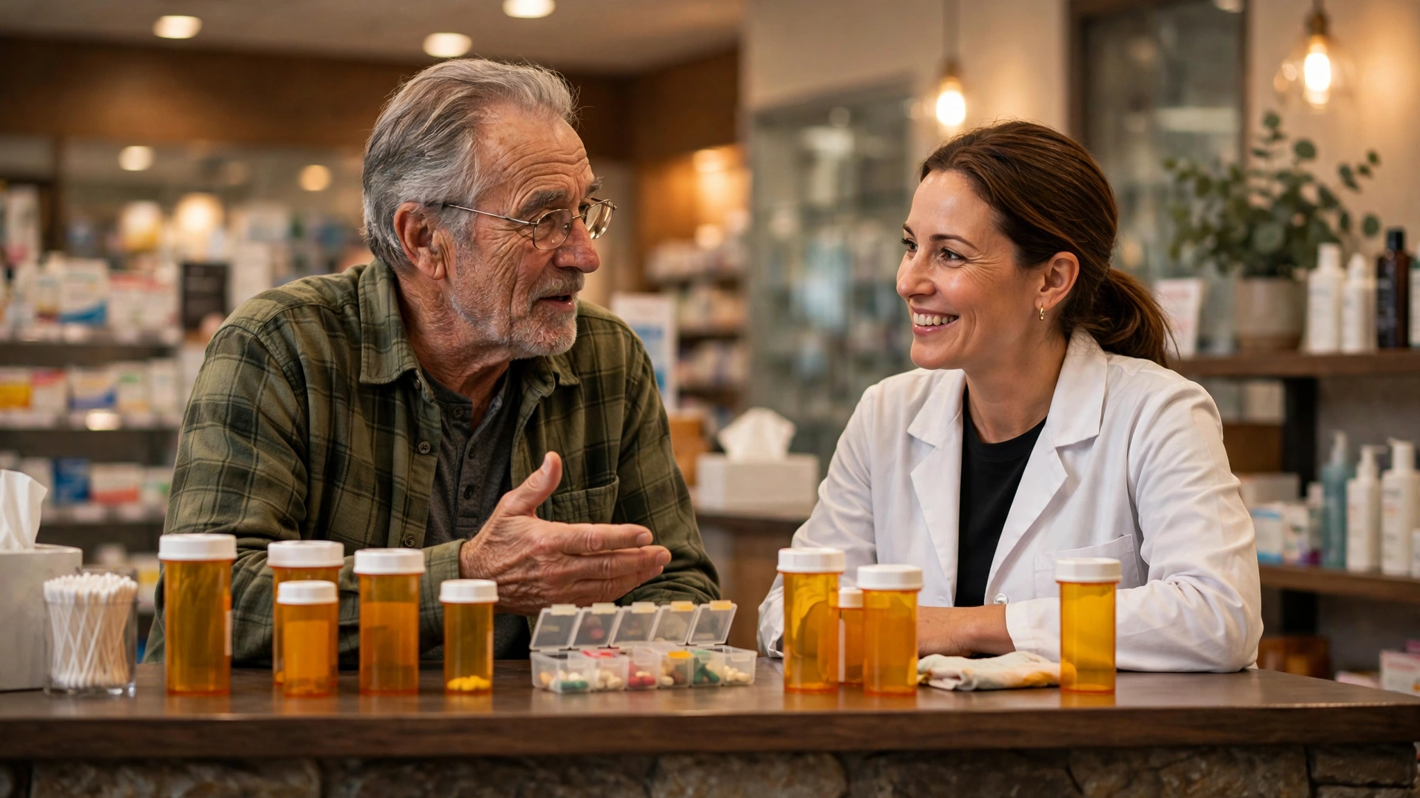 A senior man discussing his daily medications with a pharmacist at a pharmacy counter