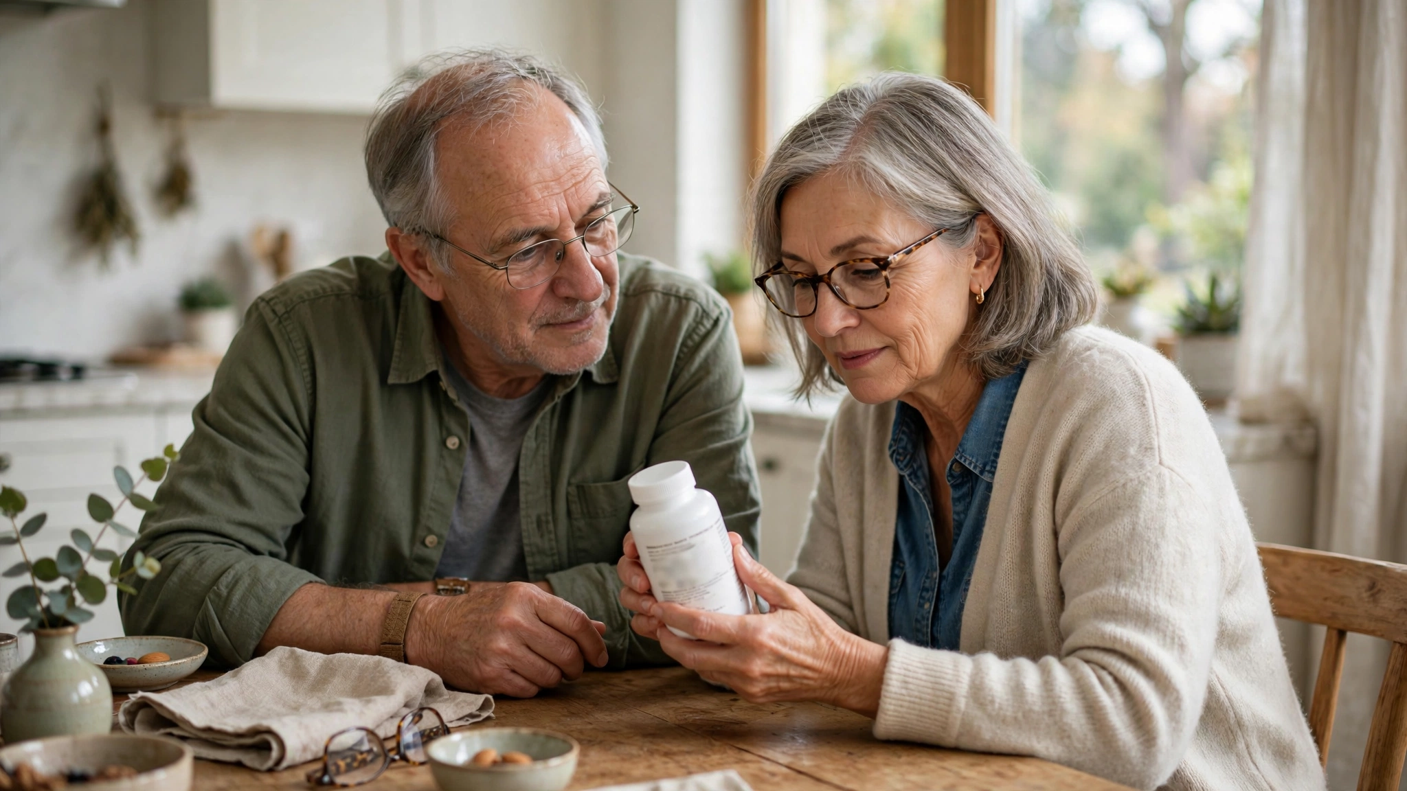 An older couple reading the back label of a supplement bottle together at a kitchen table