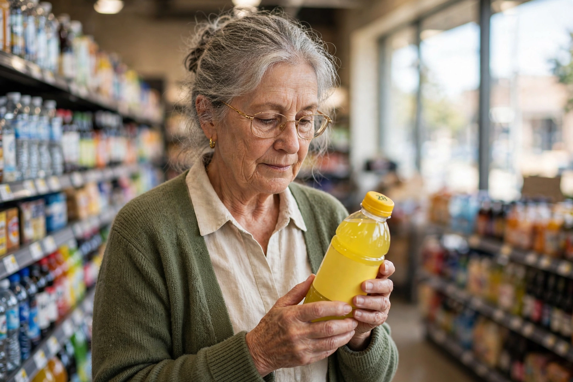 Senior woman in a grocery store aisle reading the label on a yellow sports drink bottle