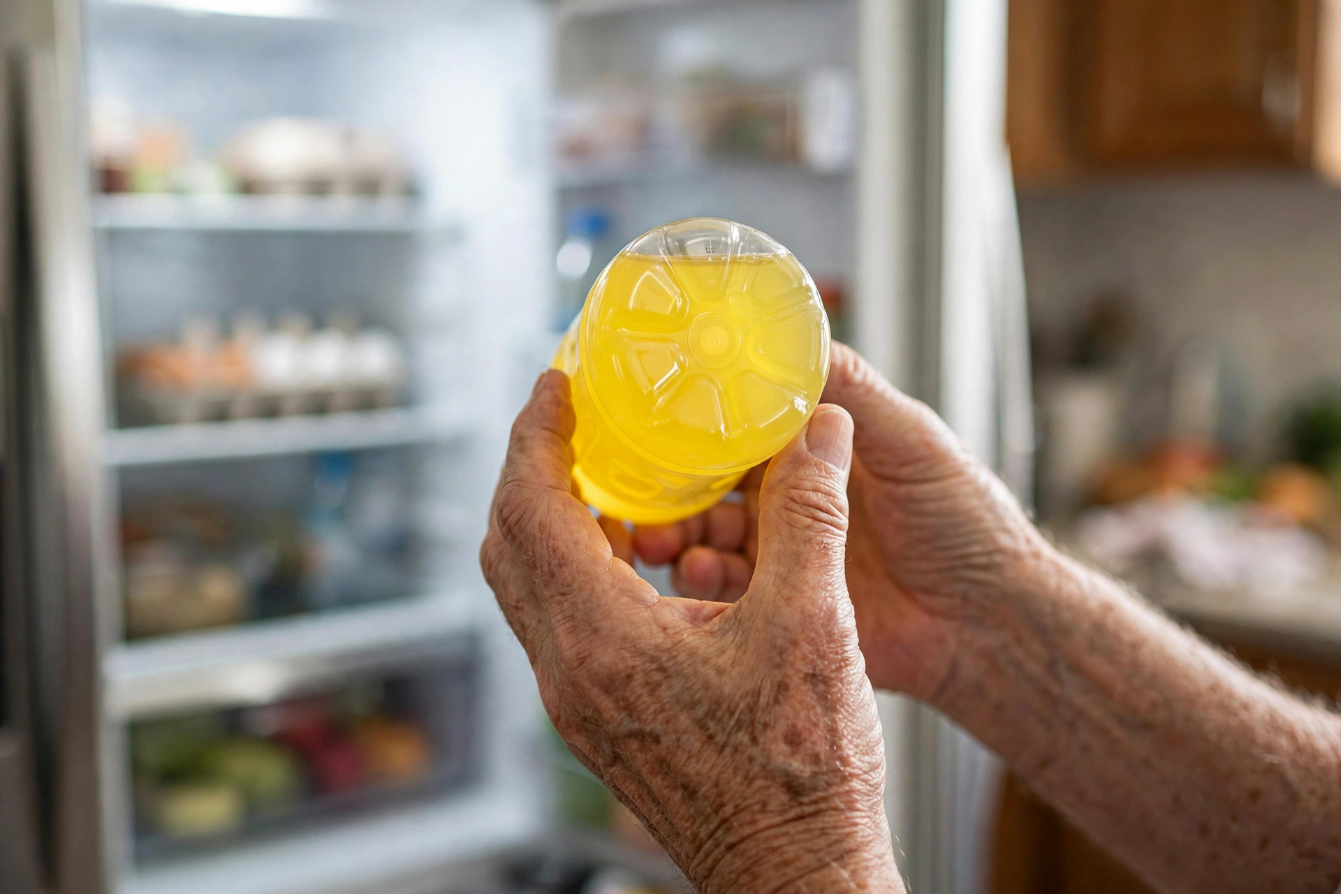 Senior hands holding a sports drink bottle in front of an open refrigerator to check the lot code