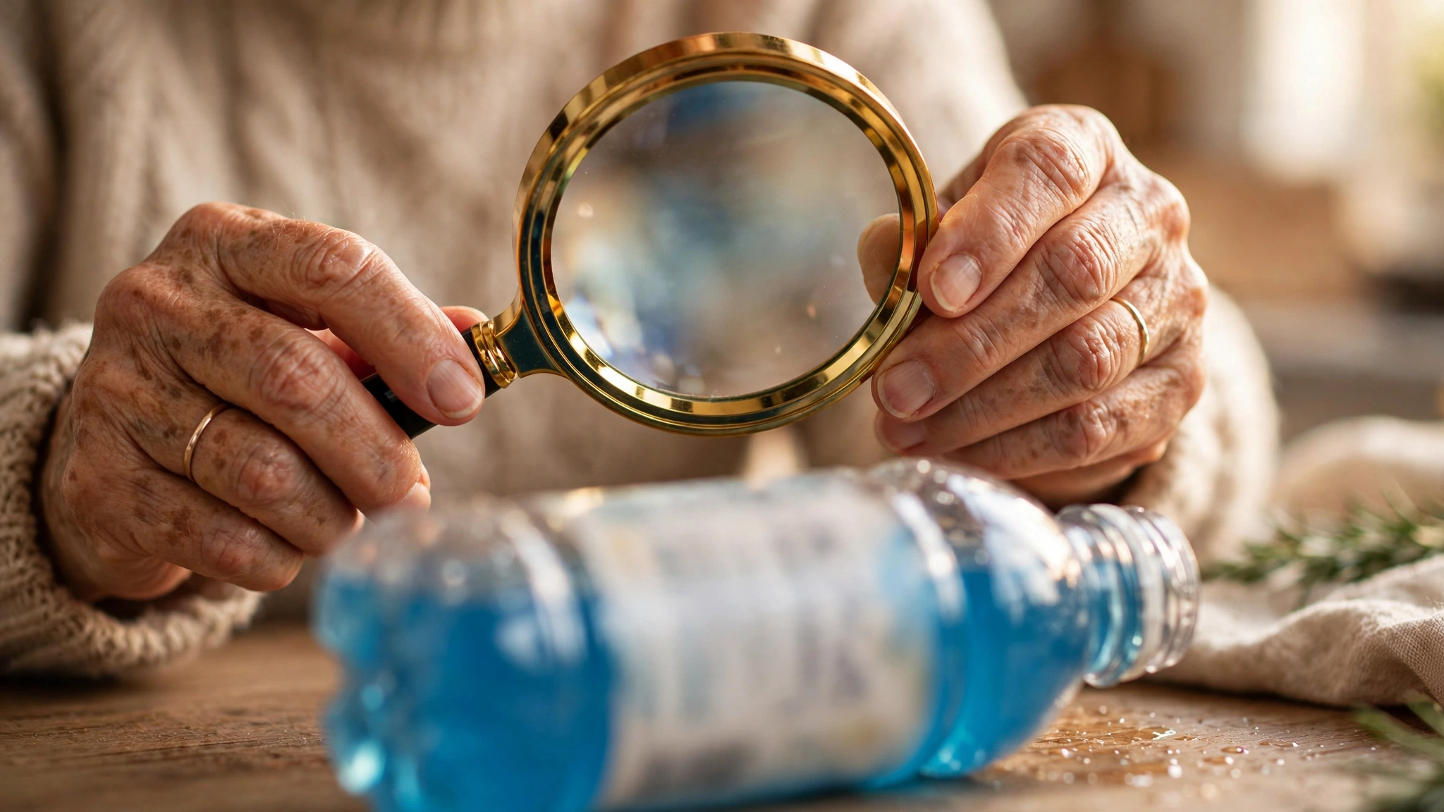 Close-up of hands holding a magnifying glass over the ingredient list on a sports drink bottle