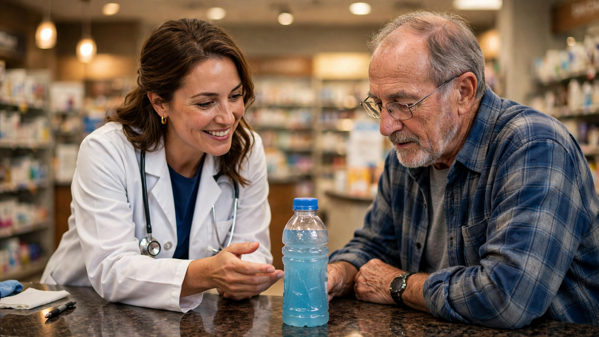 Pharmacist talking with a senior man about a product at a pharmacy counter