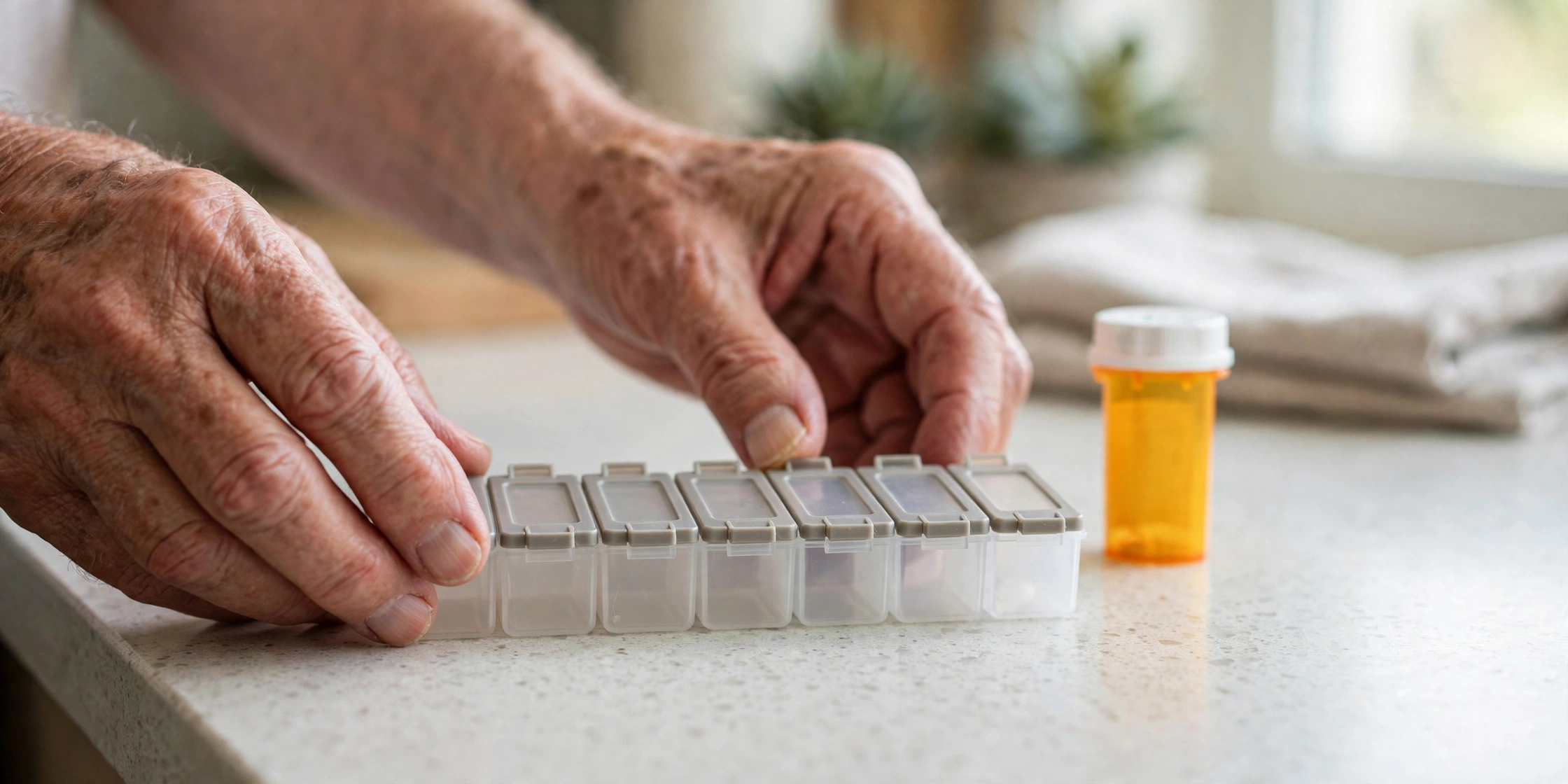 Senior hands holding a weekly pill organizer and a prescription bottle at a kitchen table