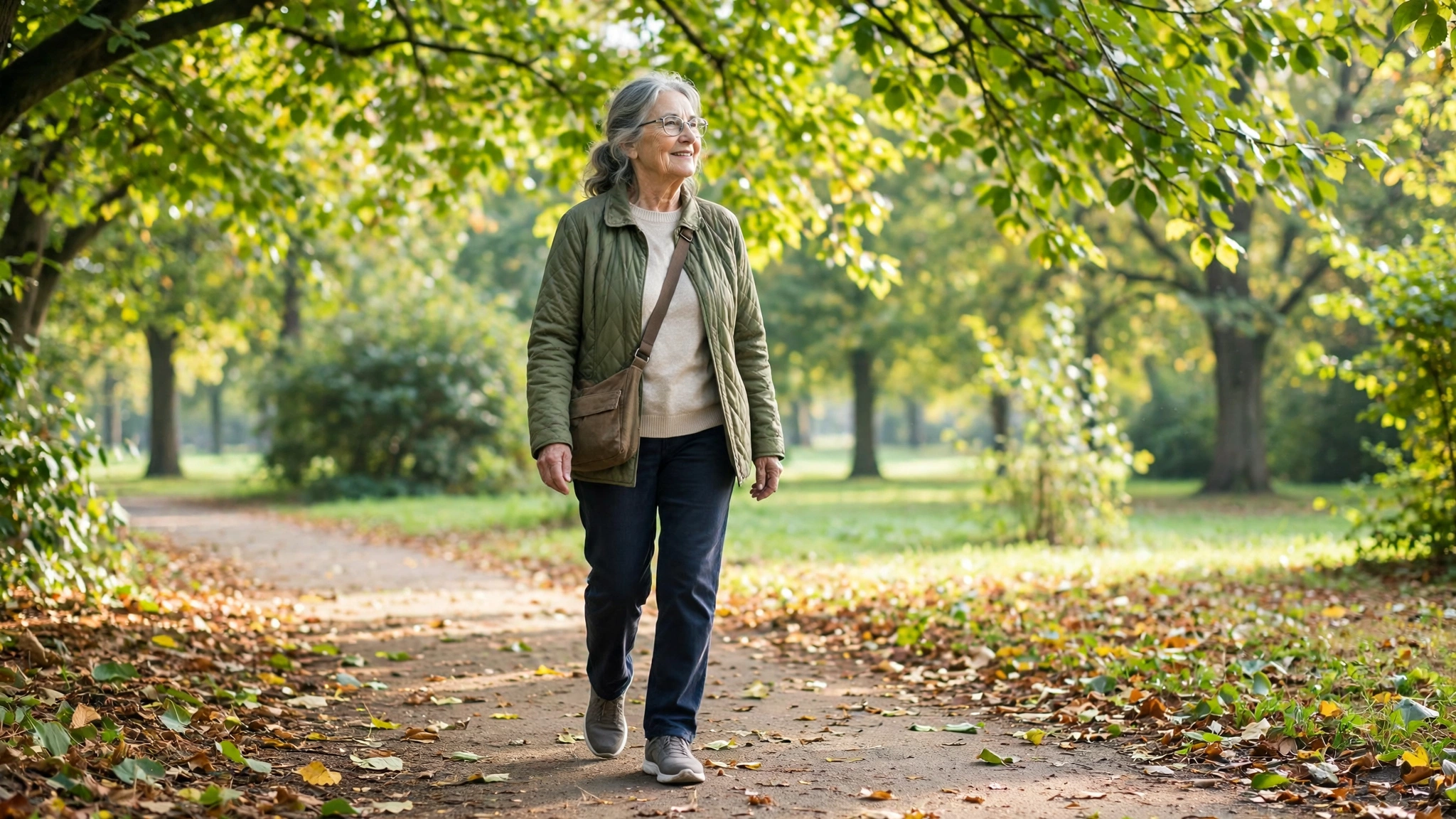 Older woman walking comfortably on a park path on a bright morning