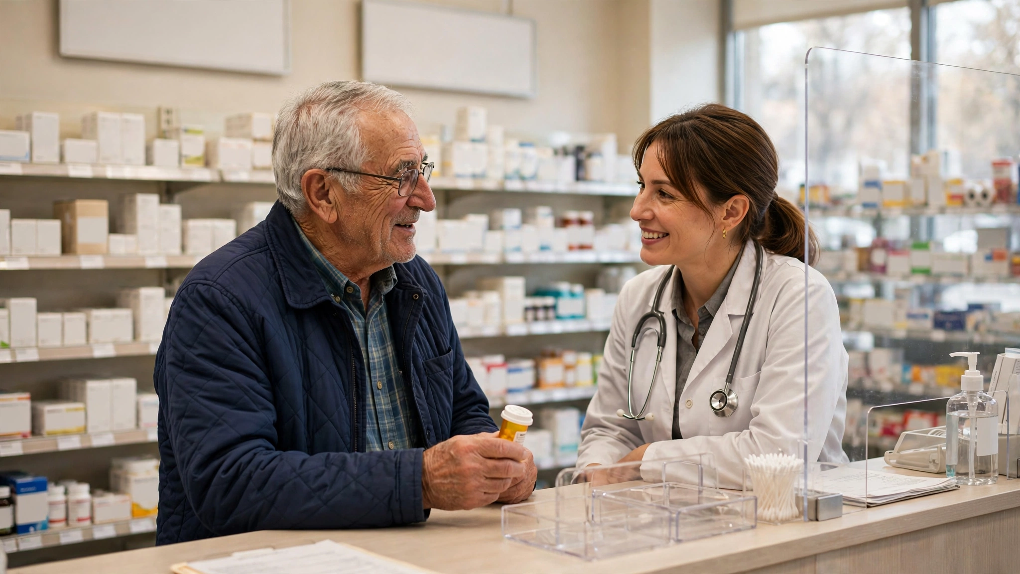Older man discussing a pill bottle with a pharmacist at a pharmacy counter