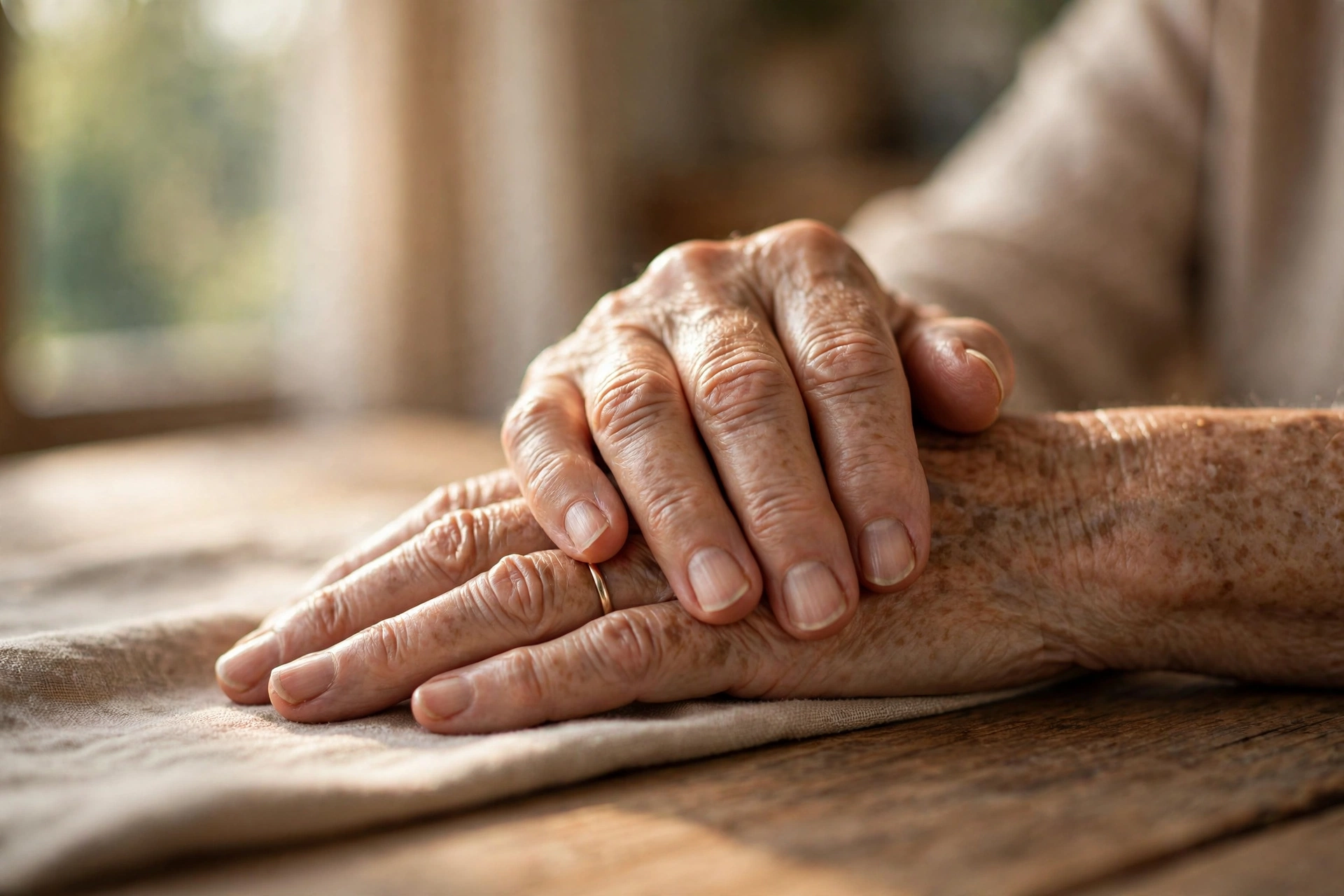 Close-up of an older woman's hands showing natural age-related skin changes