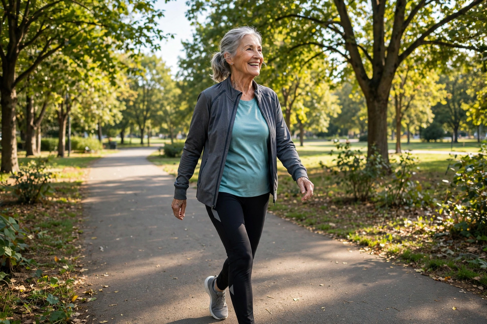 Senior woman walking outdoors on a park path, staying active for joint health