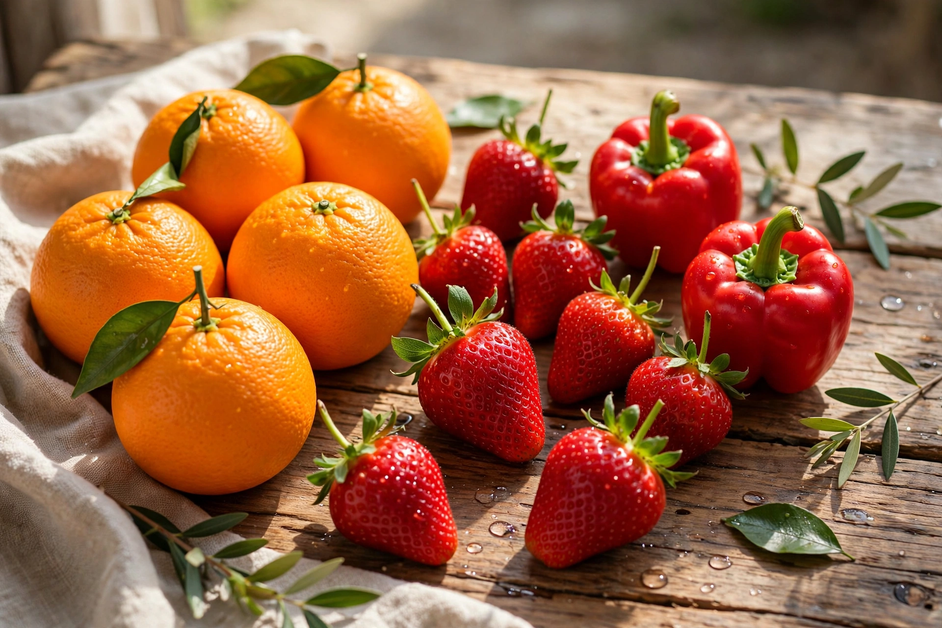 Oranges, strawberries, and bell peppers, foods rich in vitamin C that the body needs to make collagen