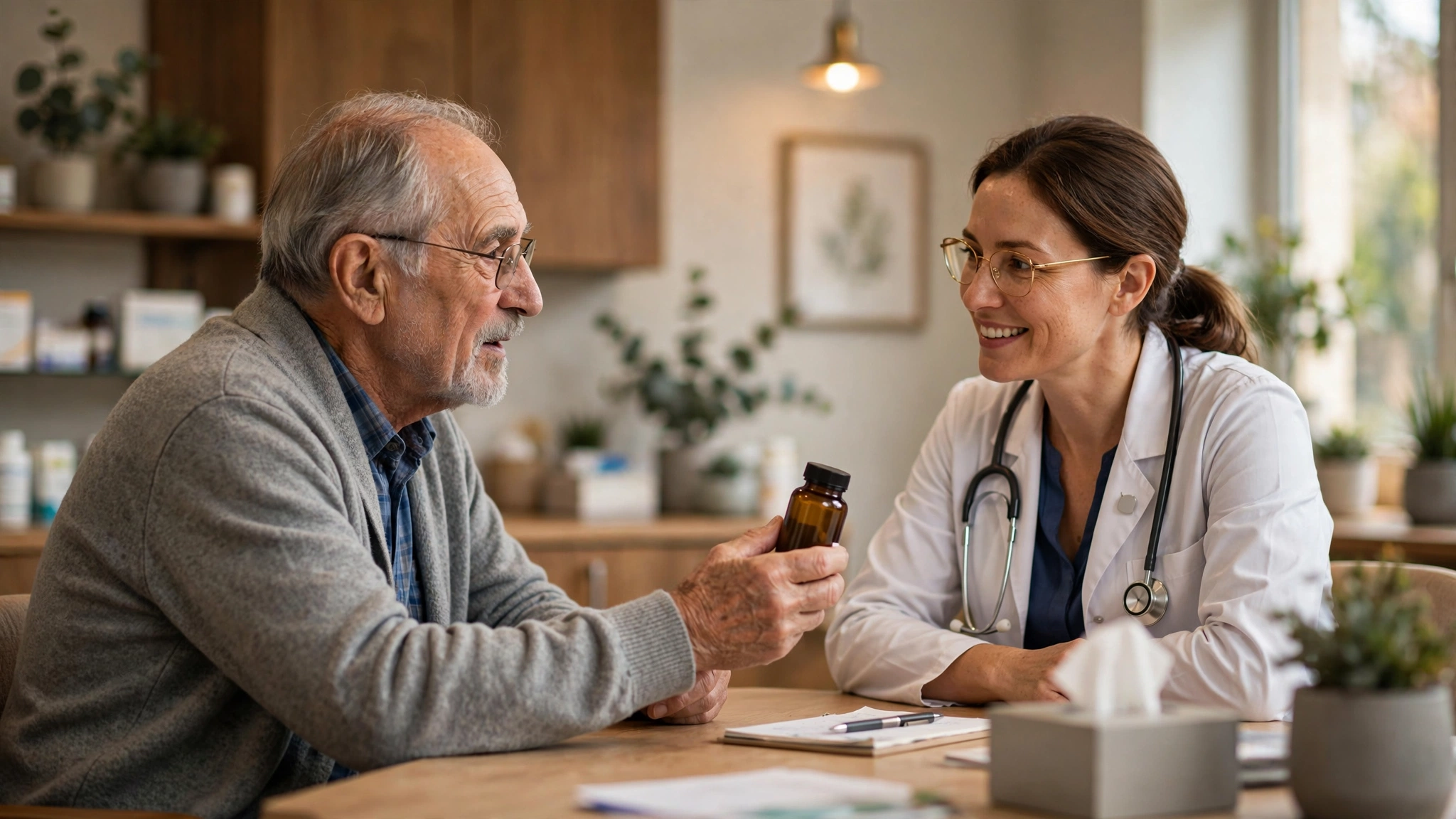 An older man showing a supplement bottle to a pharmacist during a consultation