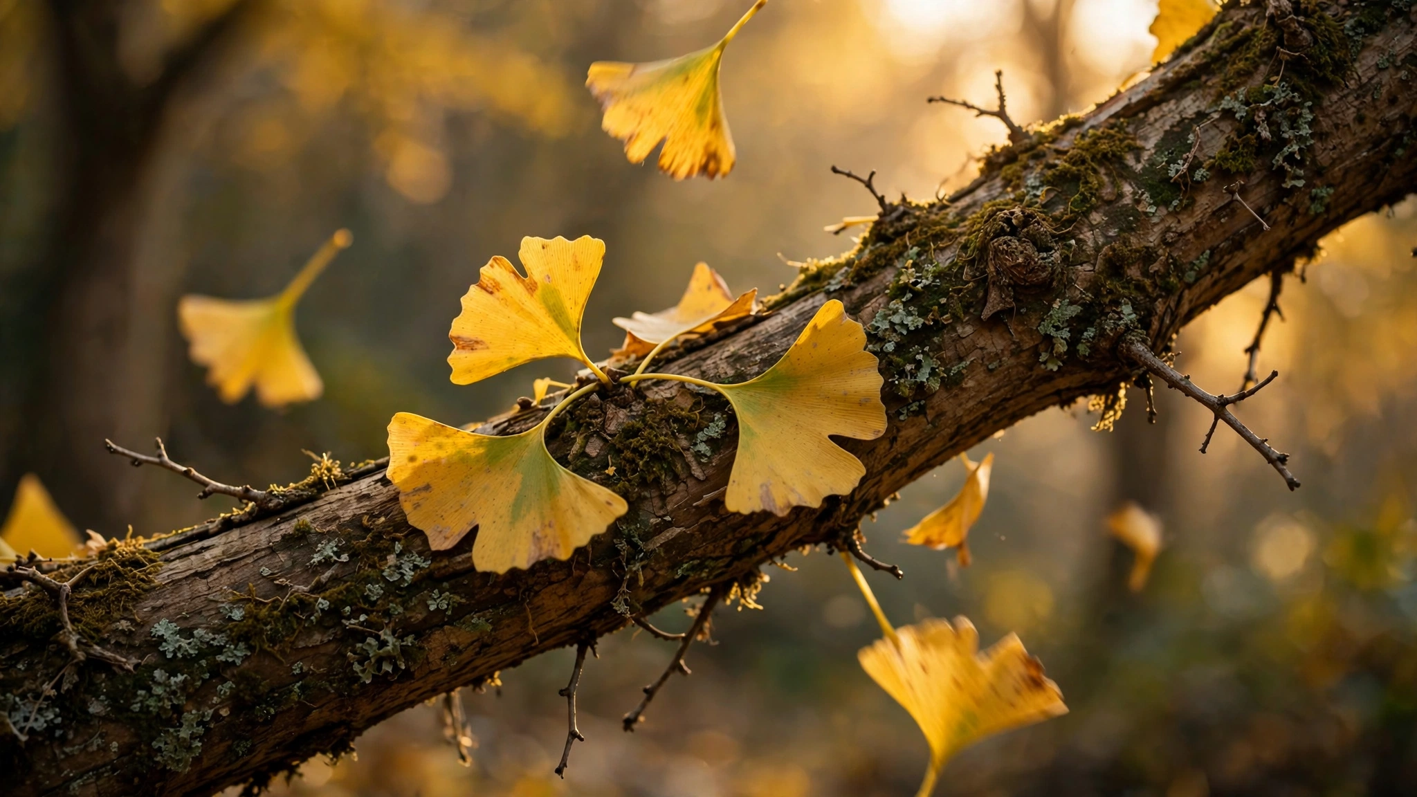Fan-shaped ginkgo biloba leaves on a ginkgo tree branch in autumn light