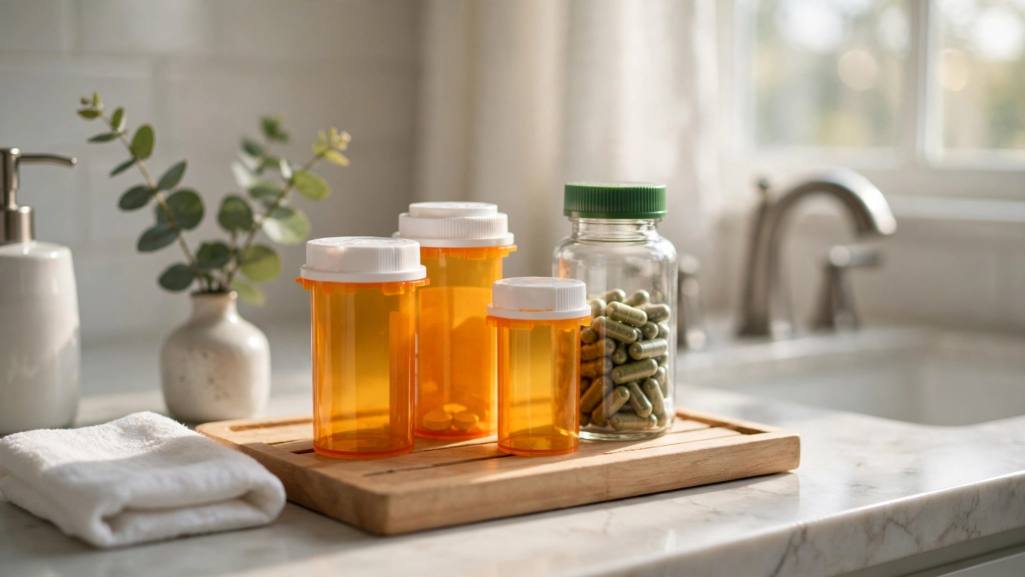 Prescription pill bottles and a ginkgo supplement bottle together on a bathroom counter