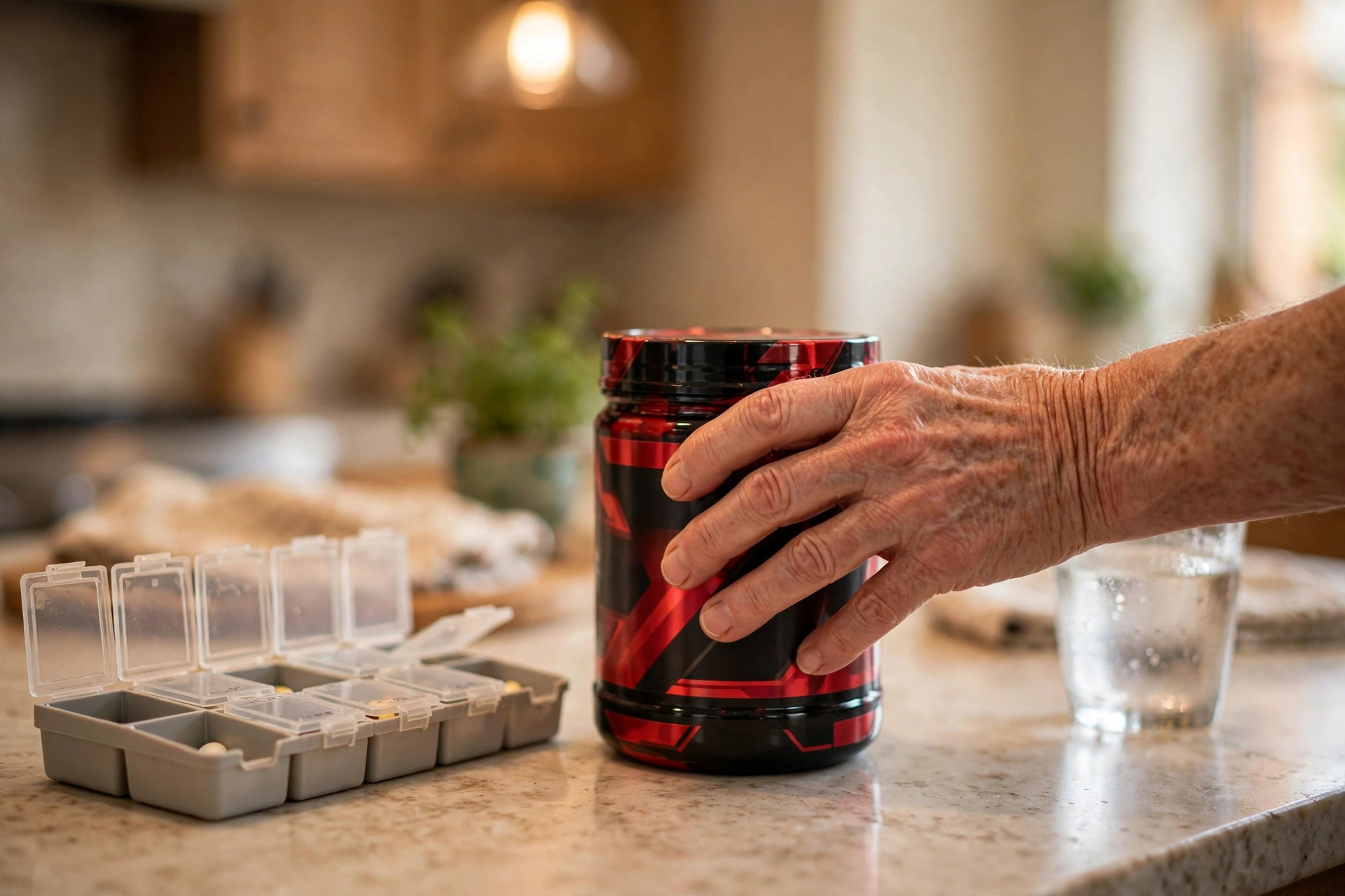 An older adult's hand pushing away a red and black preworkout supplement tub next to a weekly pill organizer on a kitchen counter