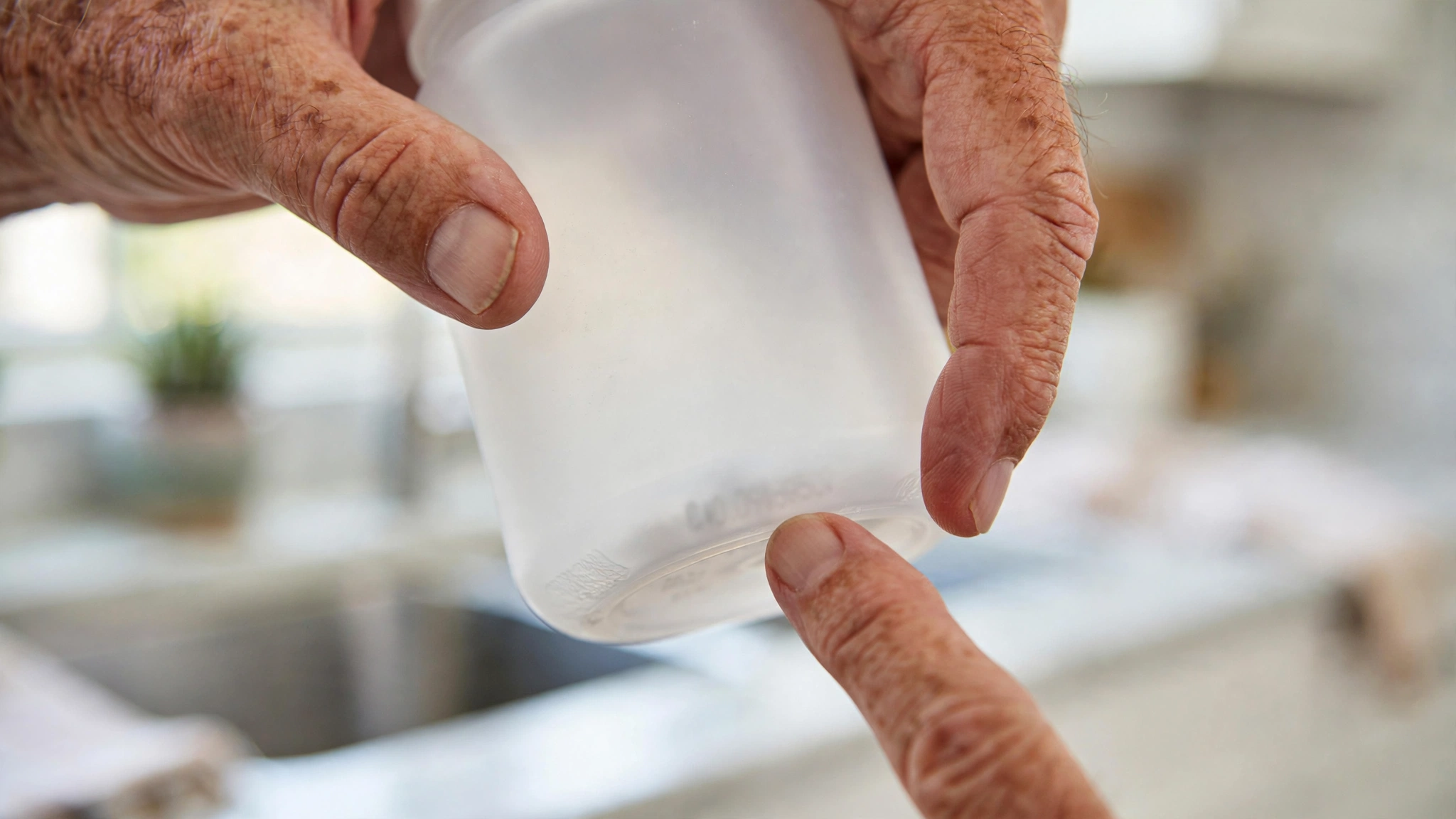 An older adult's fingers pointing at the stamped lot-code area printed near the bottom of a supplement container