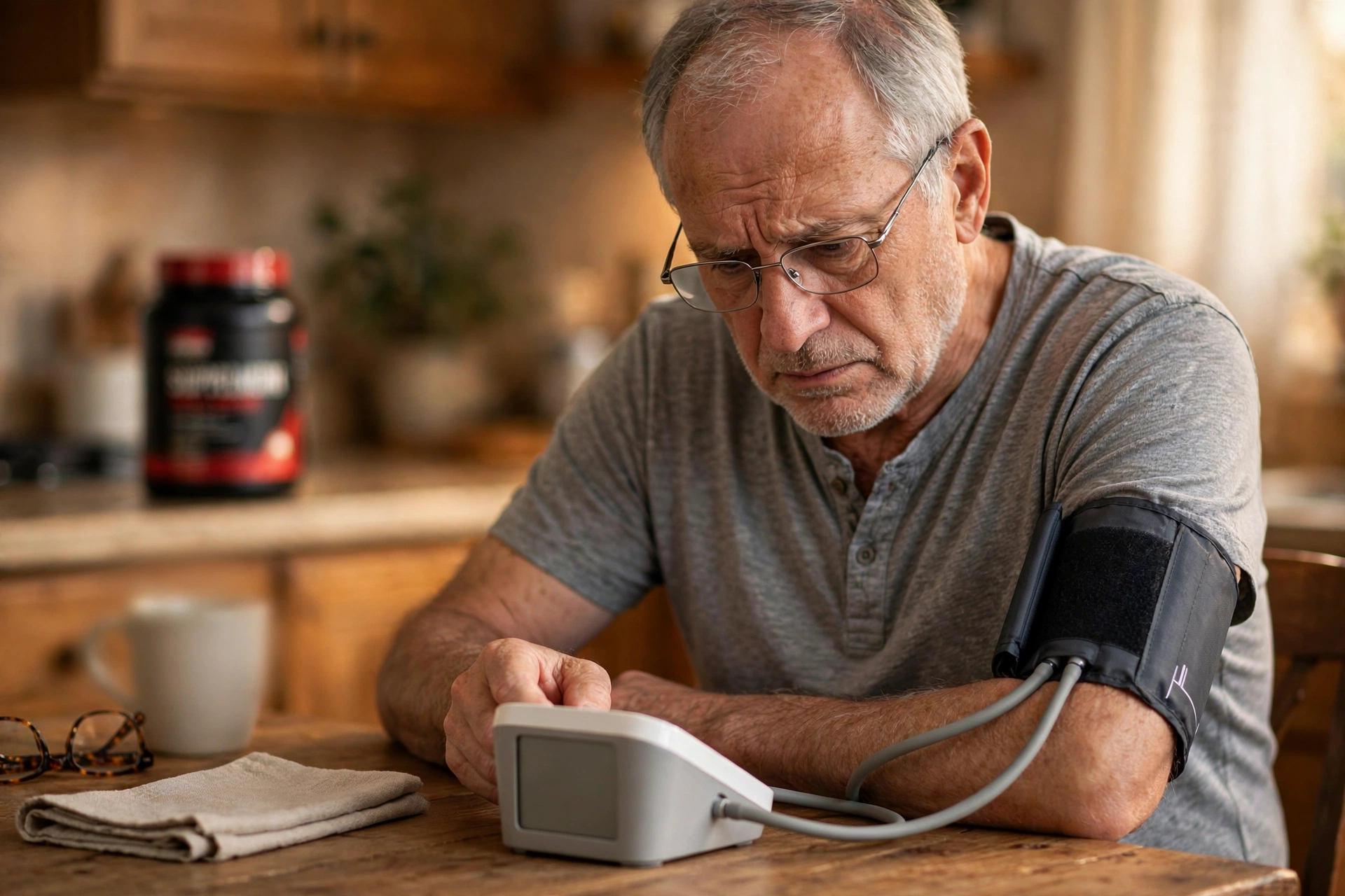 An older man using a home blood pressure cuff at his kitchen table, with a red and black supplement tub blurred in the background