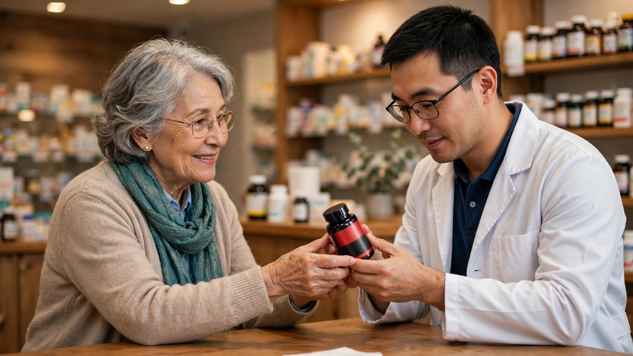 An older woman handing a red and black supplement bottle to a pharmacist across a pharmacy counter for review