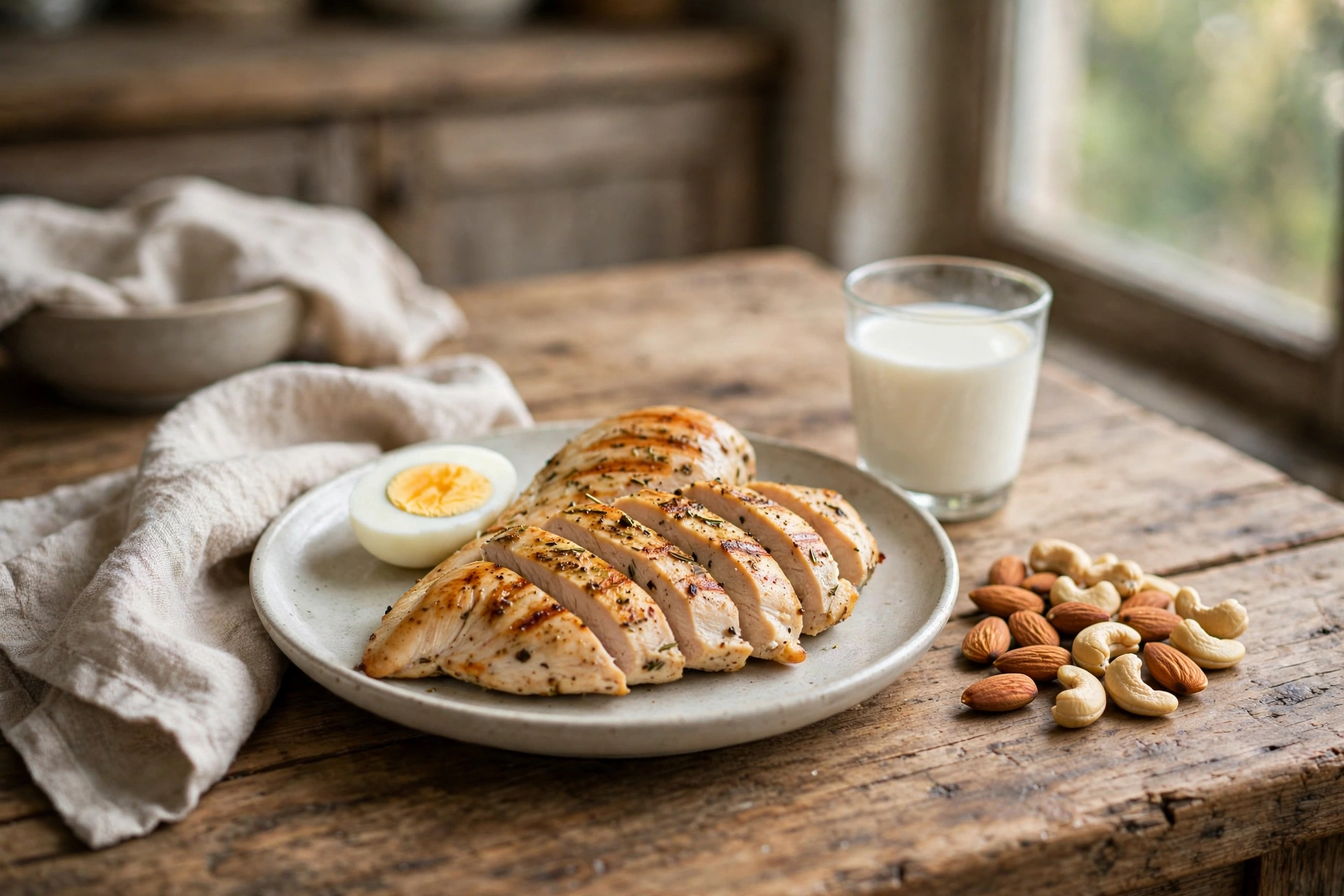 A healthy senior lunch plate with grilled chicken, boiled egg, almonds, and milk, rich in natural zinc