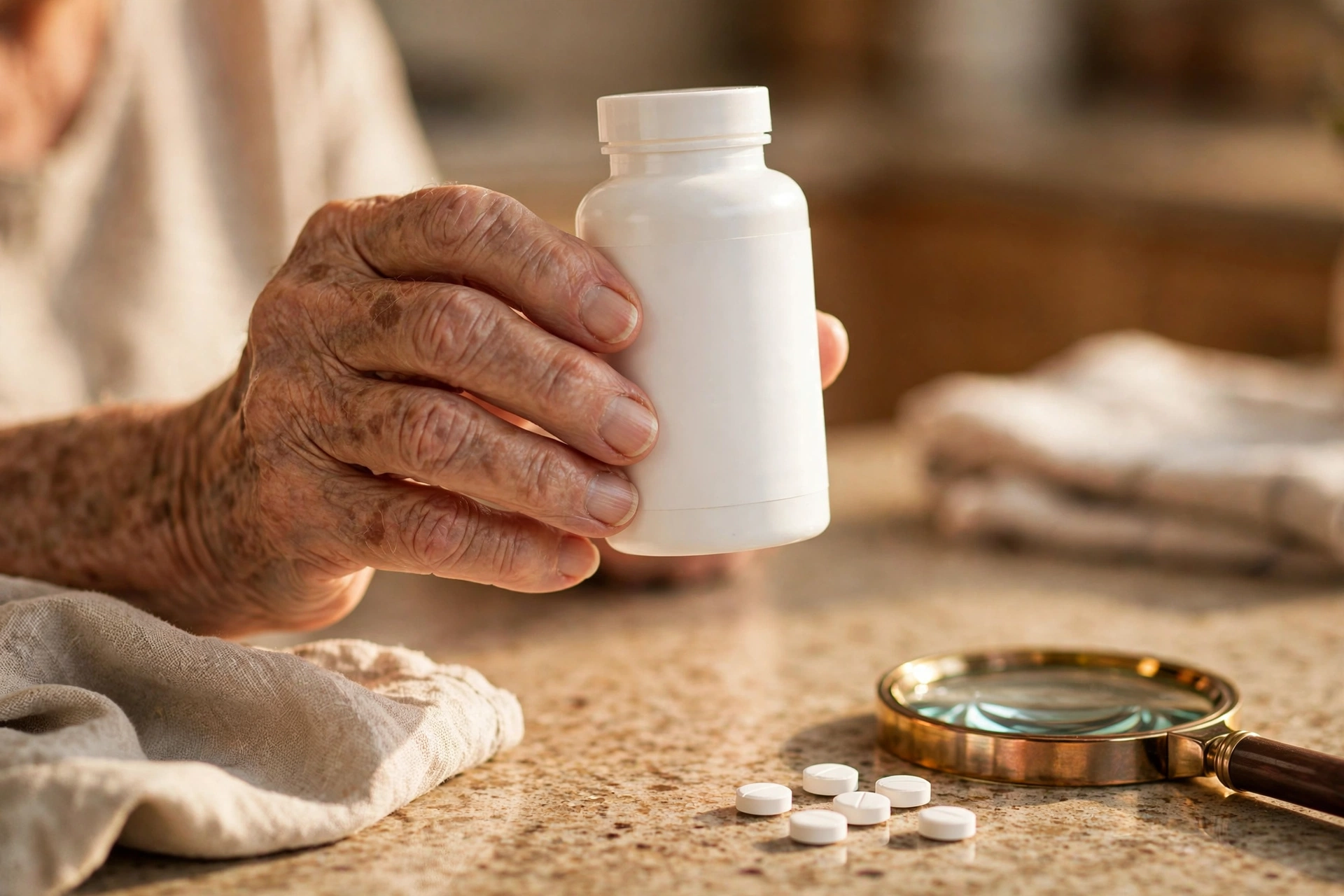 Elderly hands holding a supplement bottle to read the label, checking the zinc dose per tablet