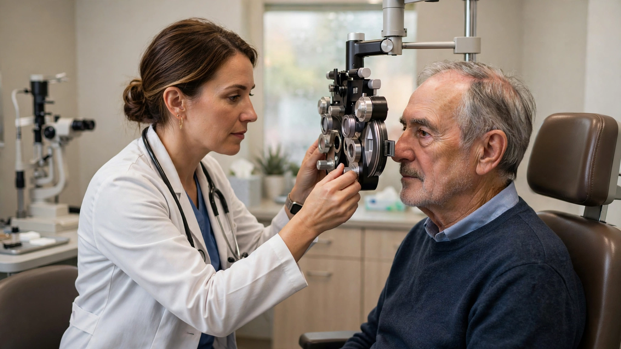 An older man having an eye exam with an ophthalmologist, relevant to the AREDS2 eye health formula