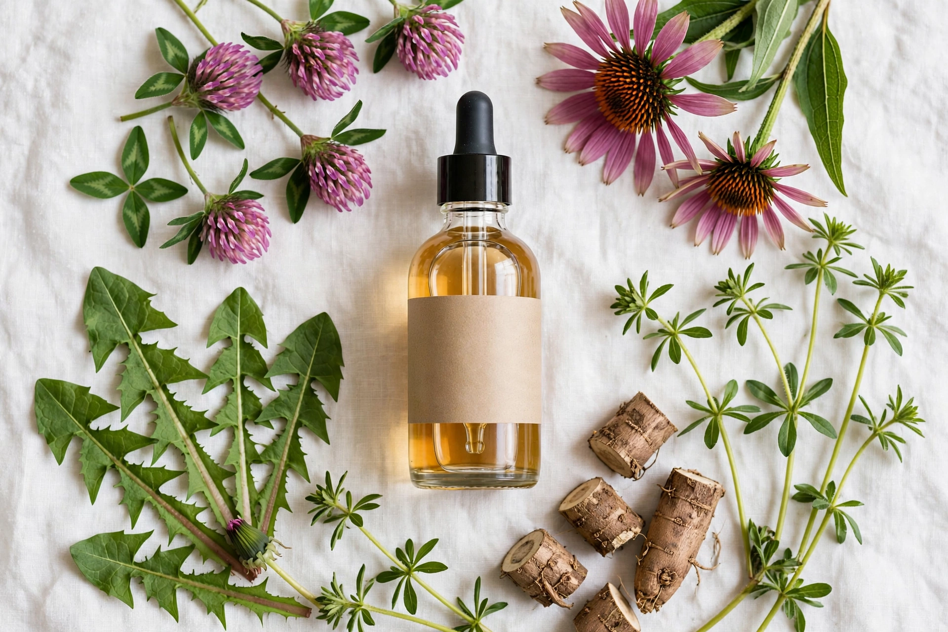 Herbal tincture dropper bottle surrounded by the typical lymphatic drainage drops ingredients: red clover blossoms, echinacea flowers, dandelion leaves, and burdock root
