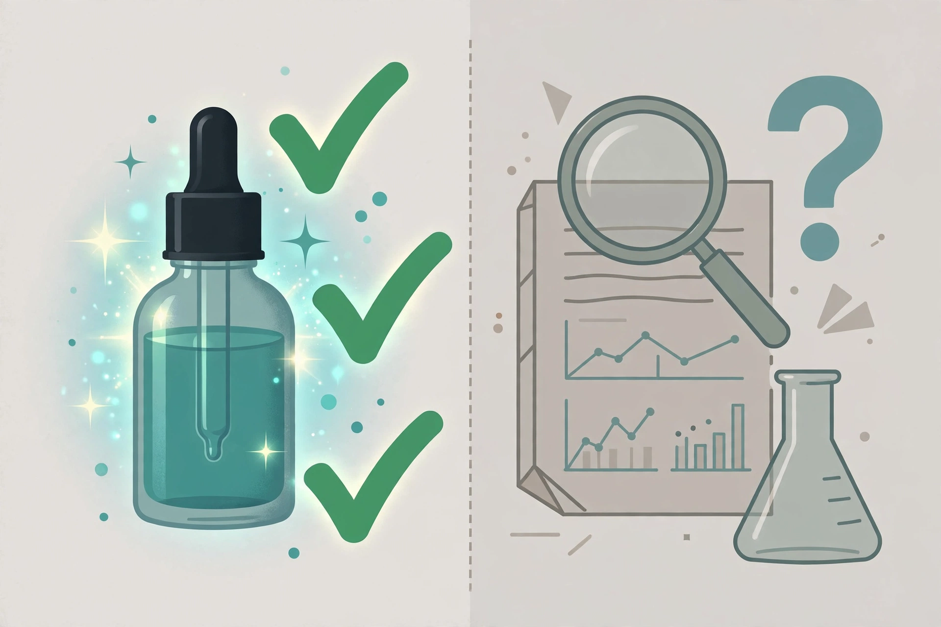Comparison illustration: marketing claims for lymphatic drainage drops on one side, the empty evidence base on the other