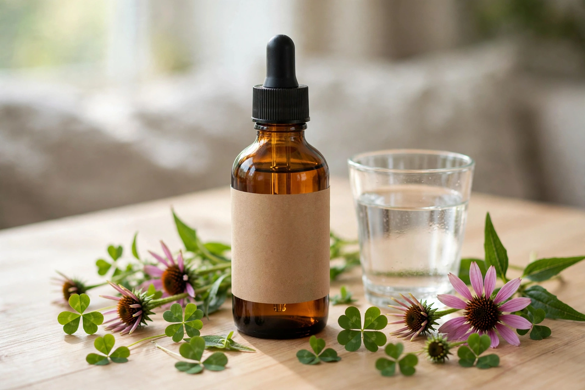 Herbal lymphatic drainage drops tincture bottle with red clover and echinacea flowers