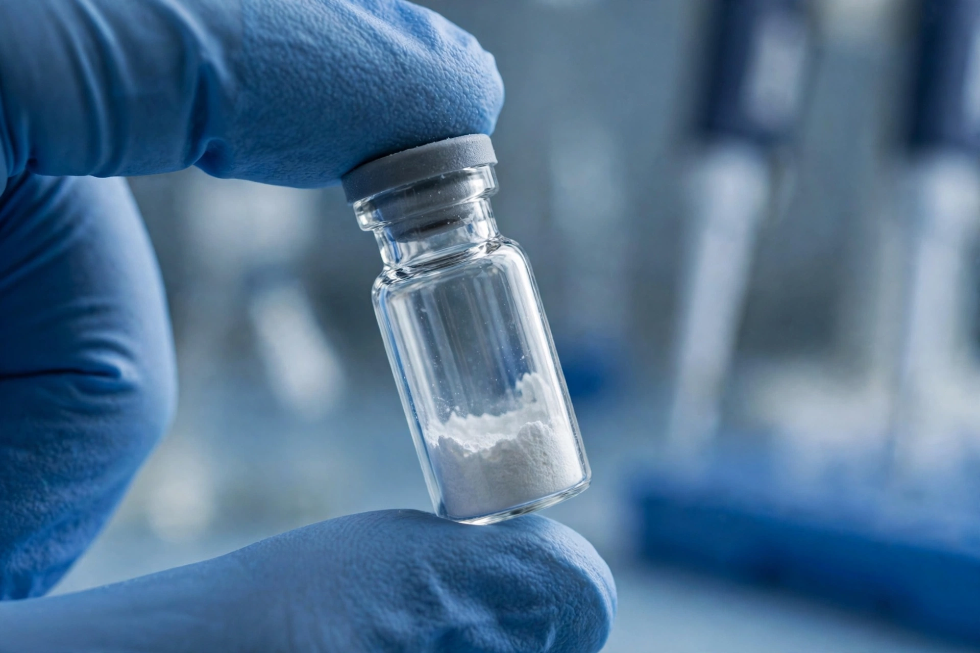 Close-up of a small glass peptide vial held in a gloved hand, showing freeze-dried white powder at the bottom