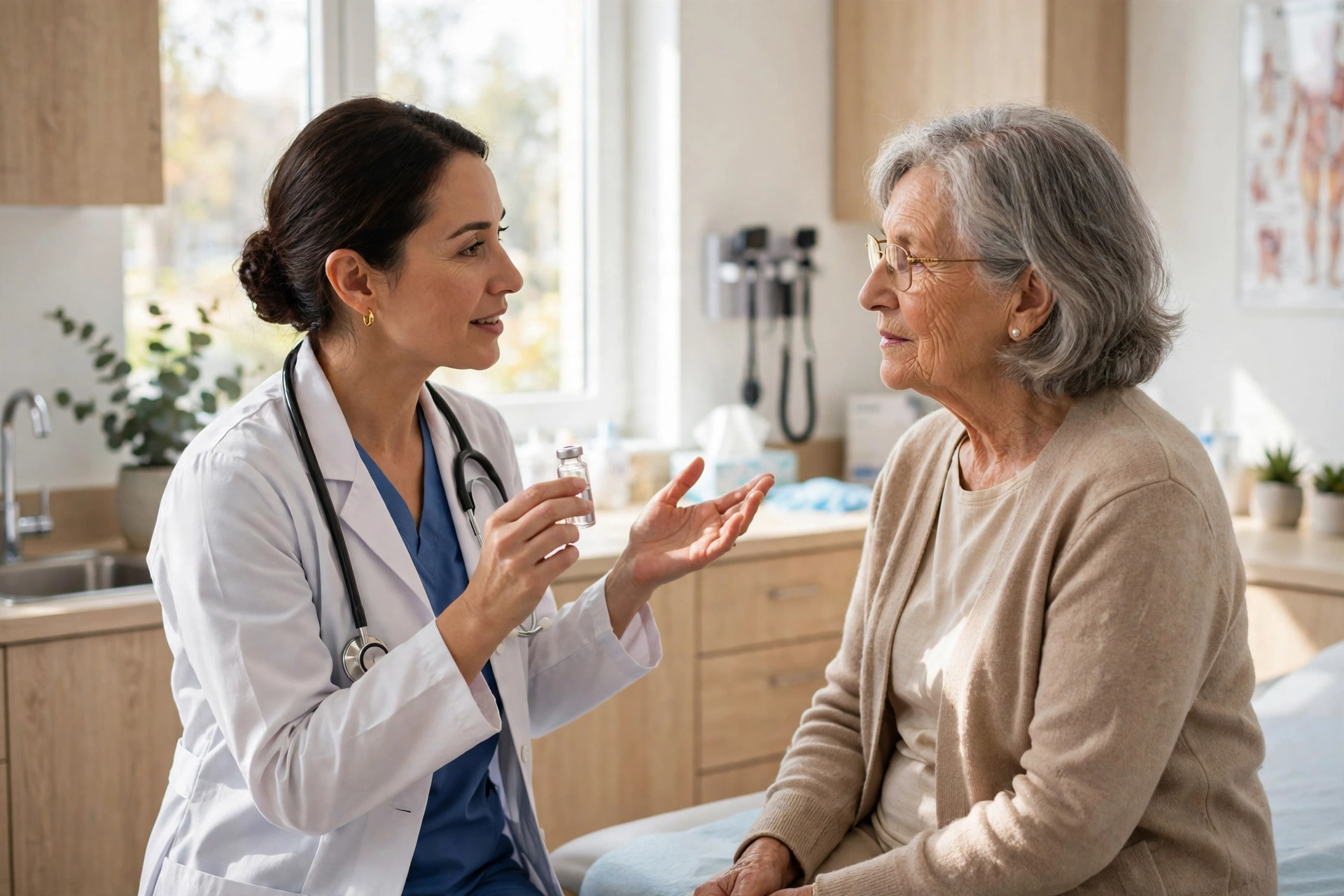 Senior woman discussing a supplement vial with her doctor in a bright clinic exam room