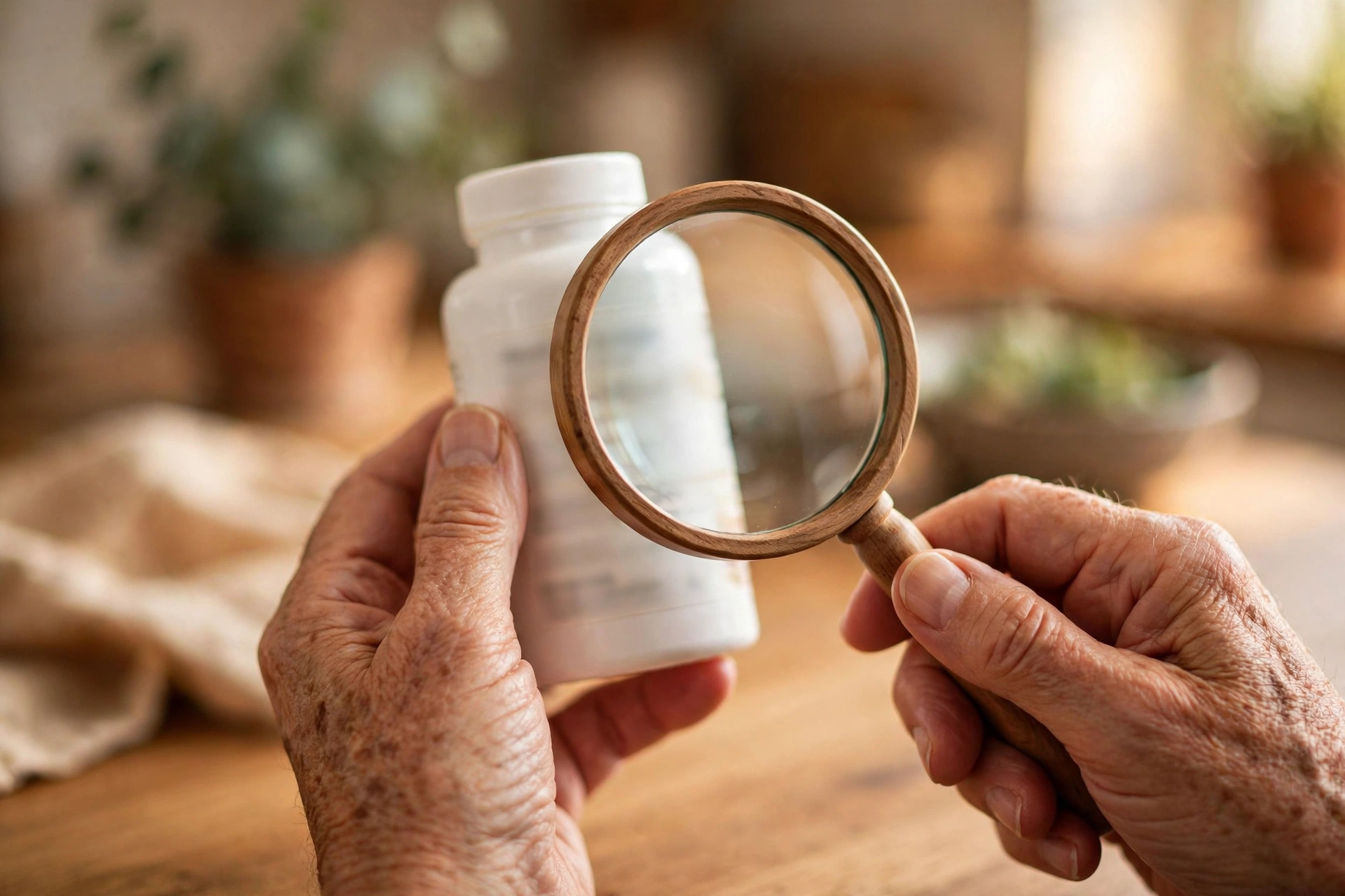 Older adult's hands holding a supplement bottle under a magnifying glass, reading the label closely