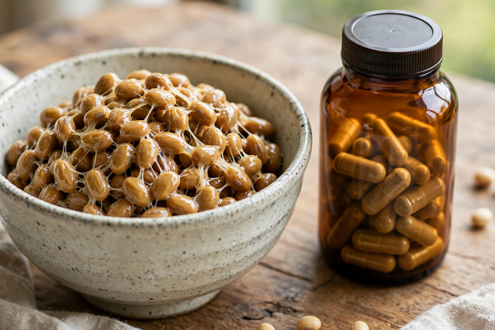 Bowl of natto fermented soybeans, the source of nattokinase, beside a bottle of nattokinase capsules