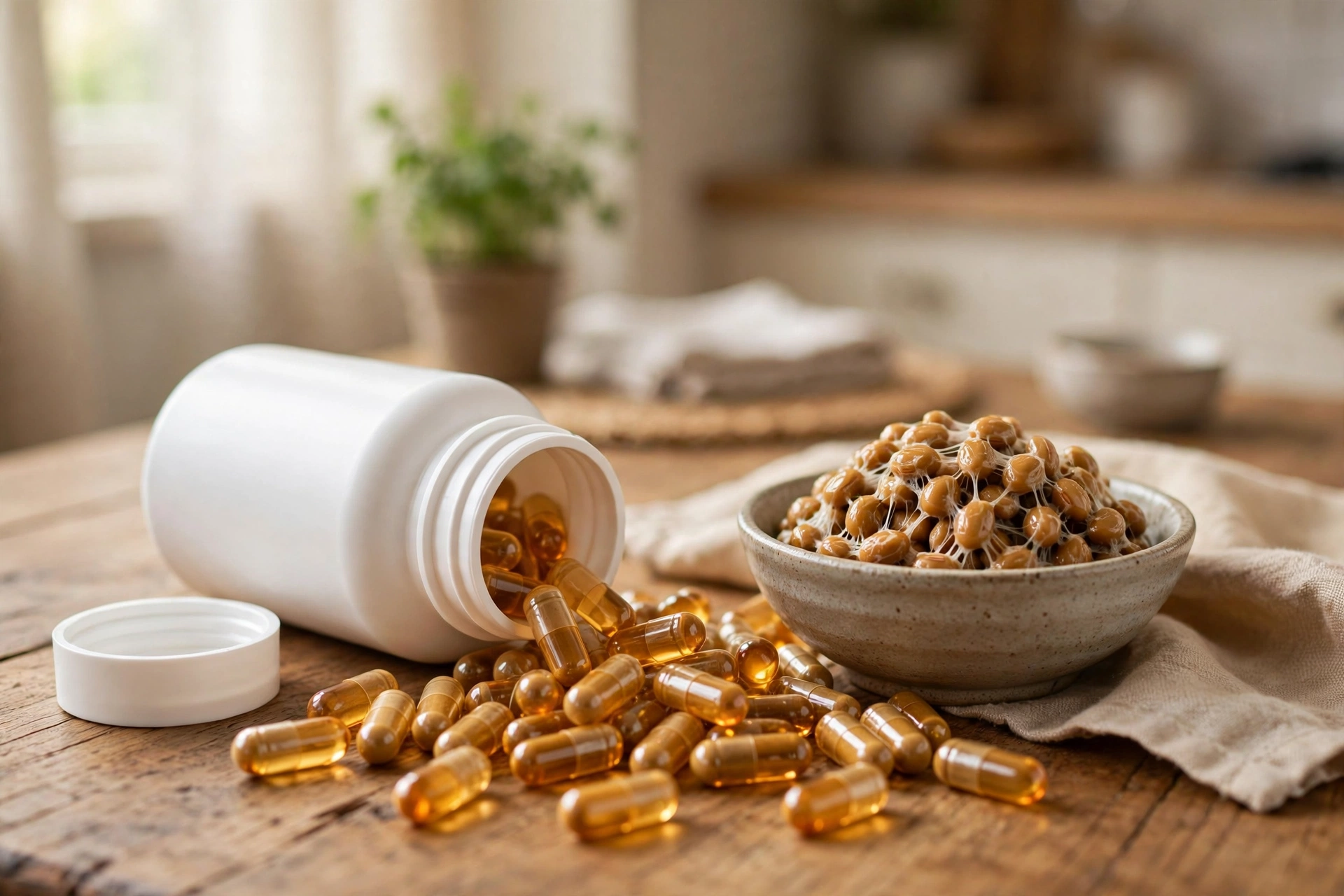Nattokinase supplement bottle with natto fermented soybeans