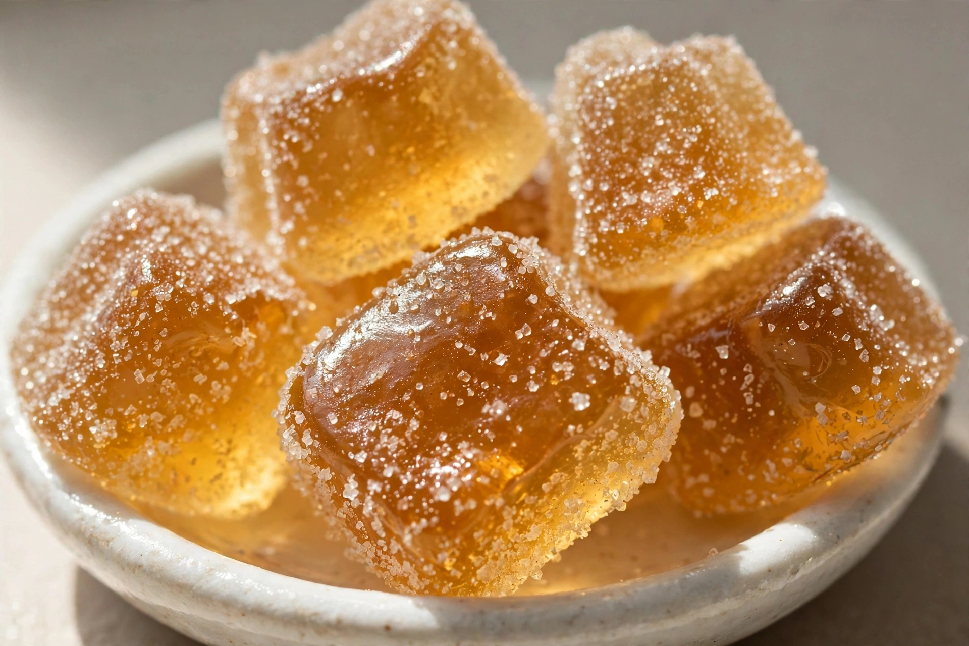 Close-up of amber-colored supplement gummies in a small white dish