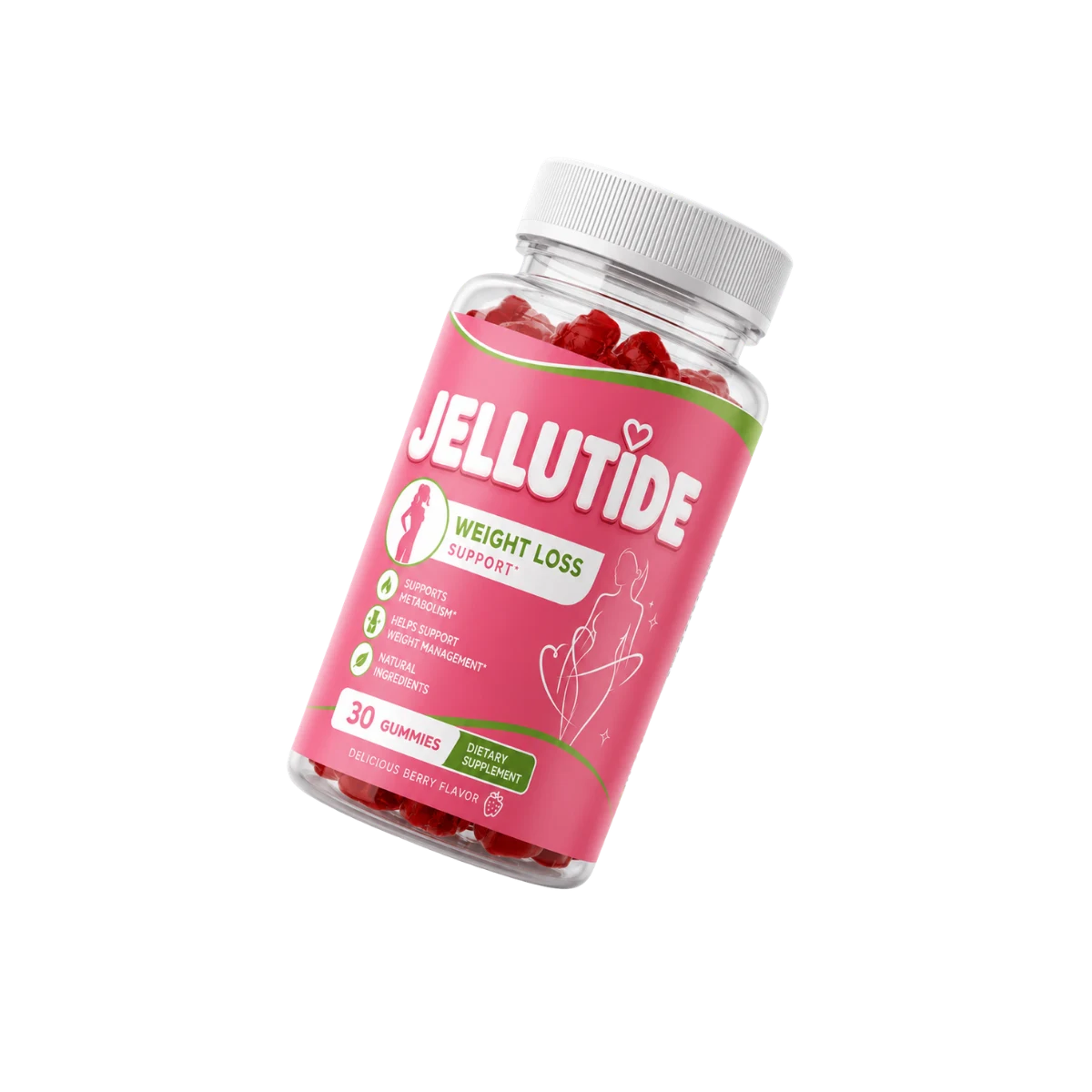 Jellutide weight-loss gummy bottle with pink label, 30 berry gummies